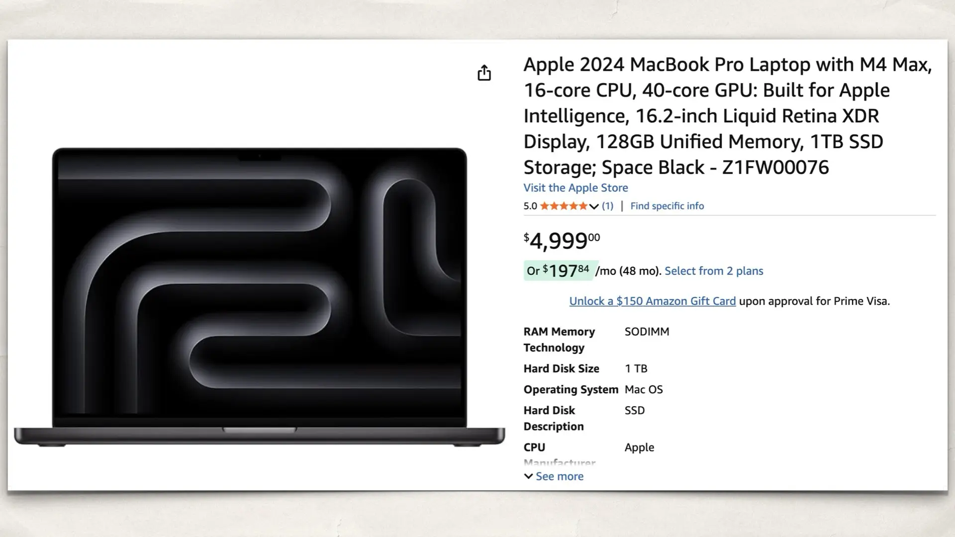 Apple 2024 MacBook Pro M4 Max (16-core CPU, 40-core GPU, 128GB RAM) on Amazon