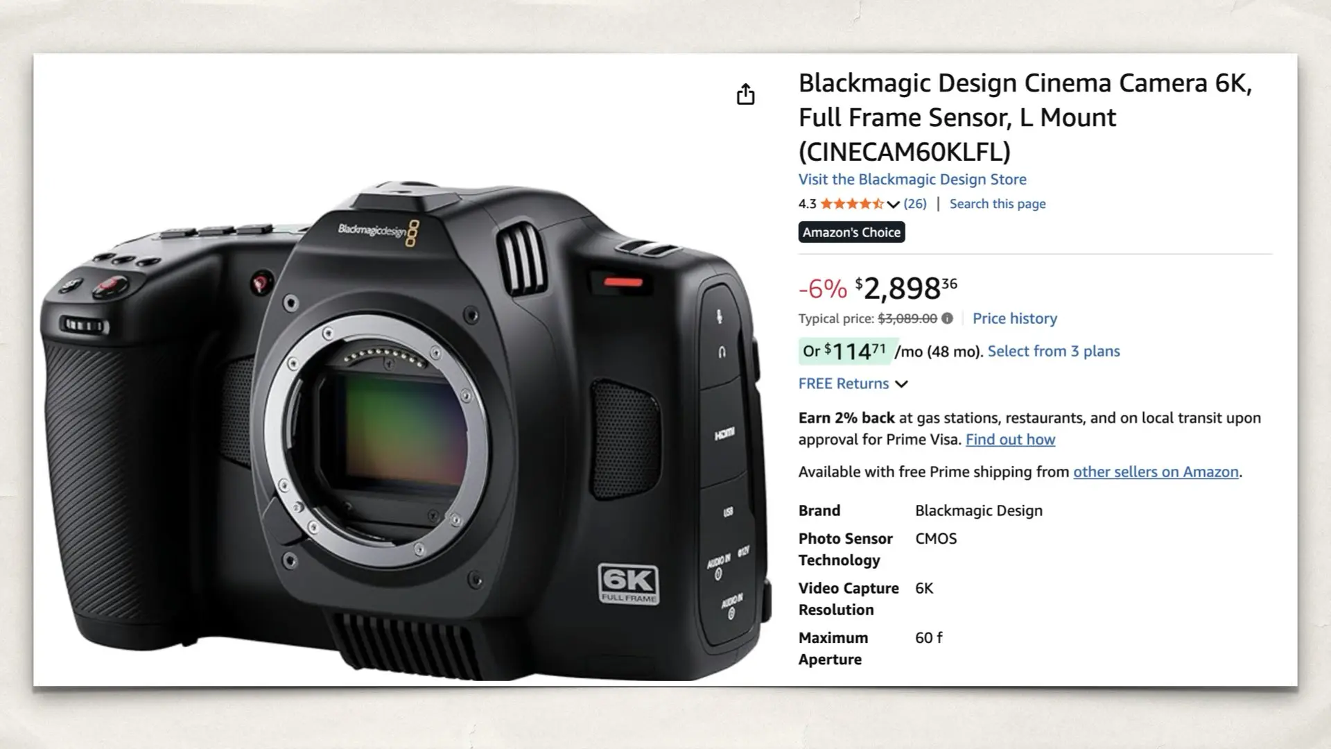 The Blackmagic Cinema Camera 6K on Amazon