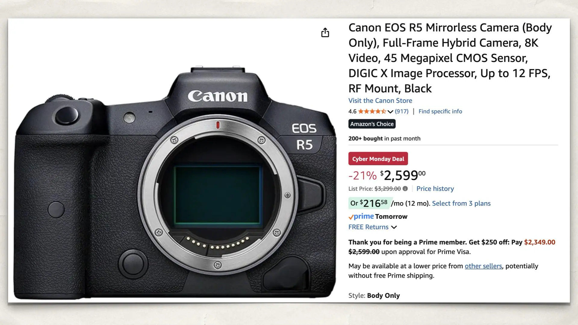 The Canon EOS R5 on Amazon