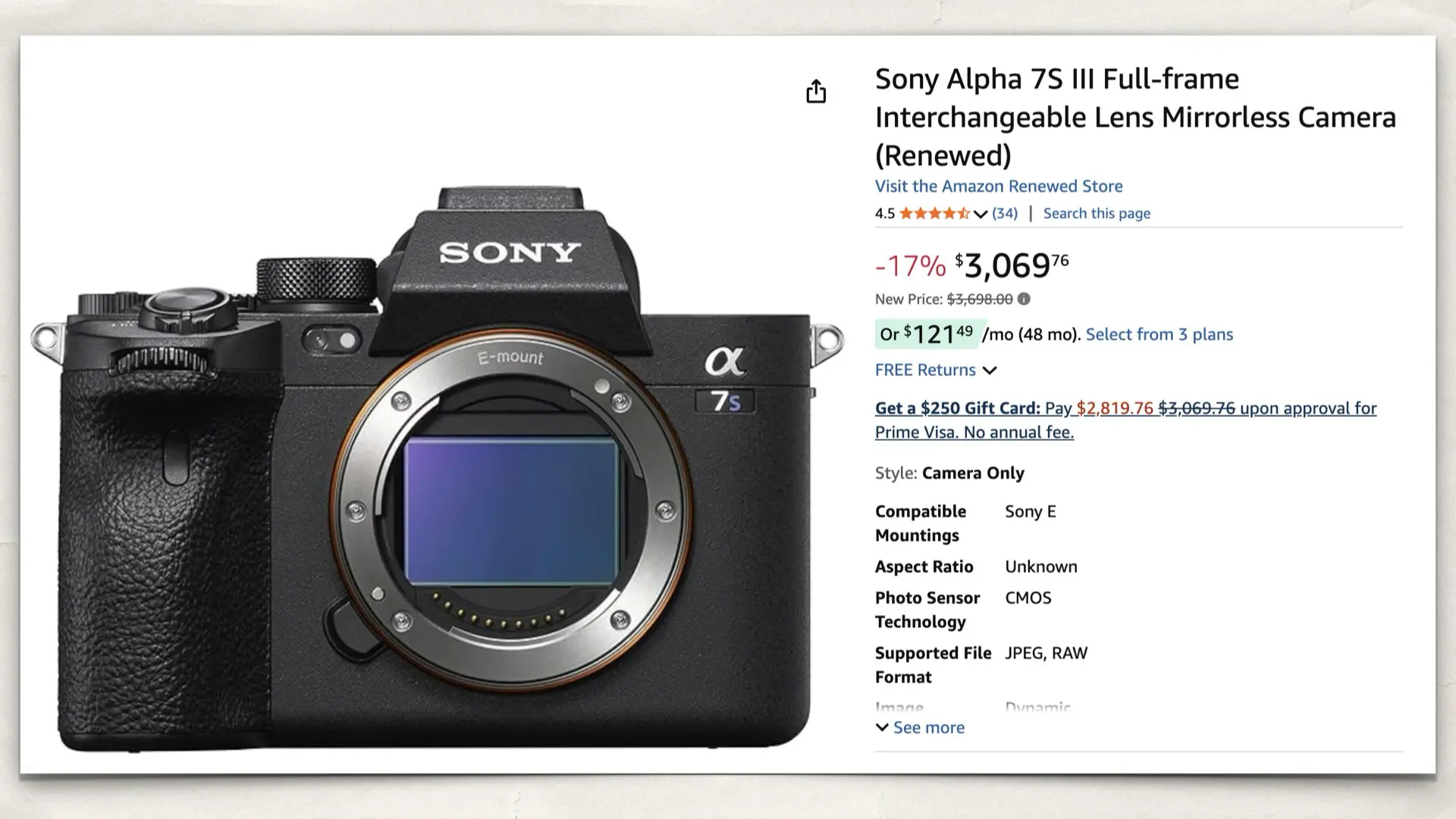 Sony Alpha 7S III Full-frame Interchangeable Lens Mirrorless Camera (Renewed)