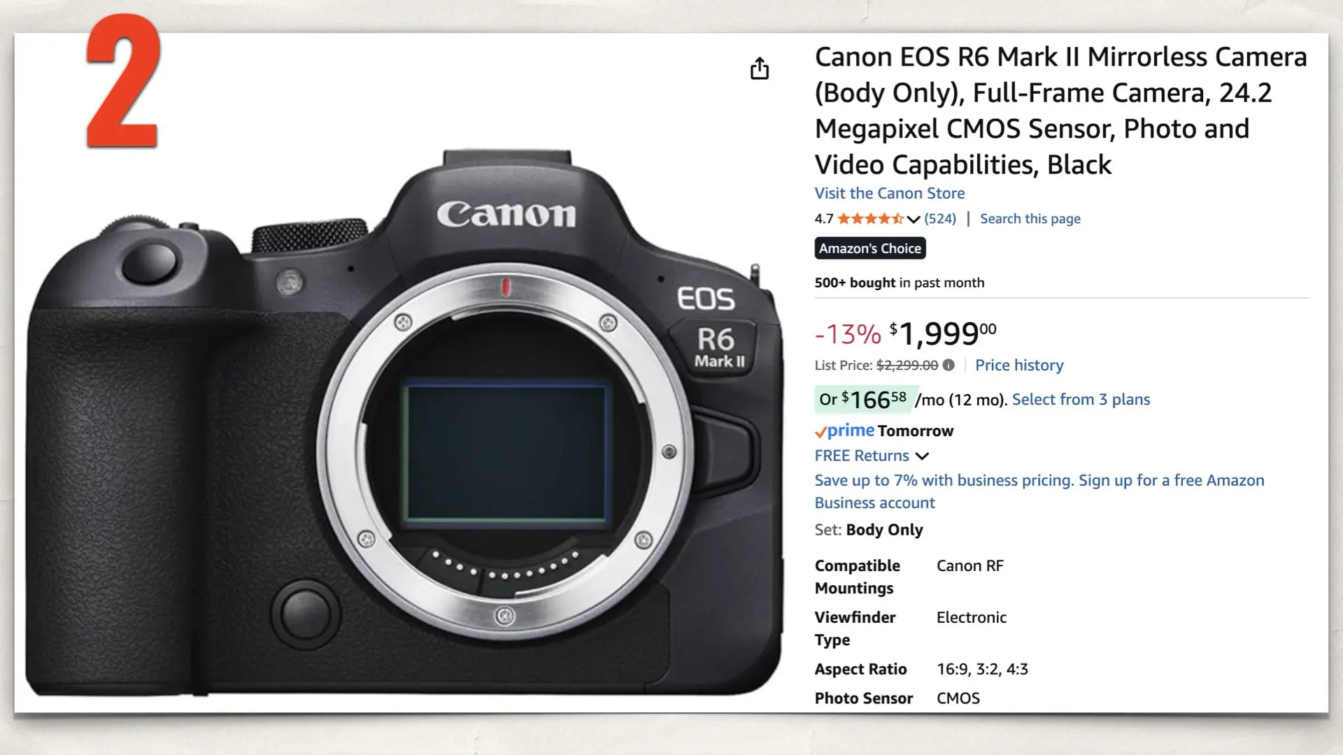 The Canon EOS R6 Mark II on Amazon