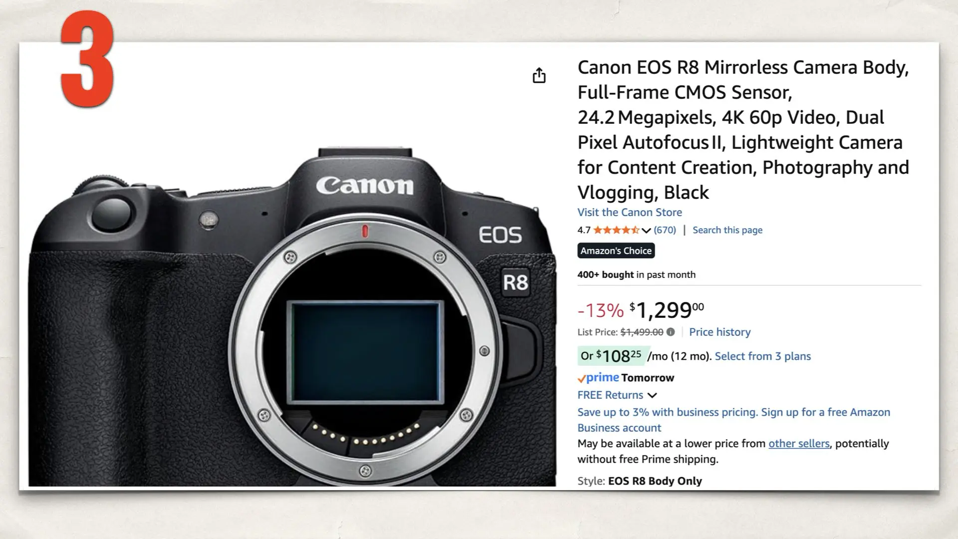 The Canon EOS R8 omn Amazon