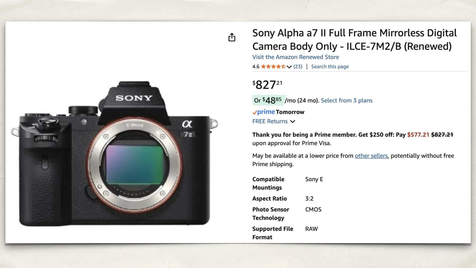 the Sony A7 II on Amazon Renewed