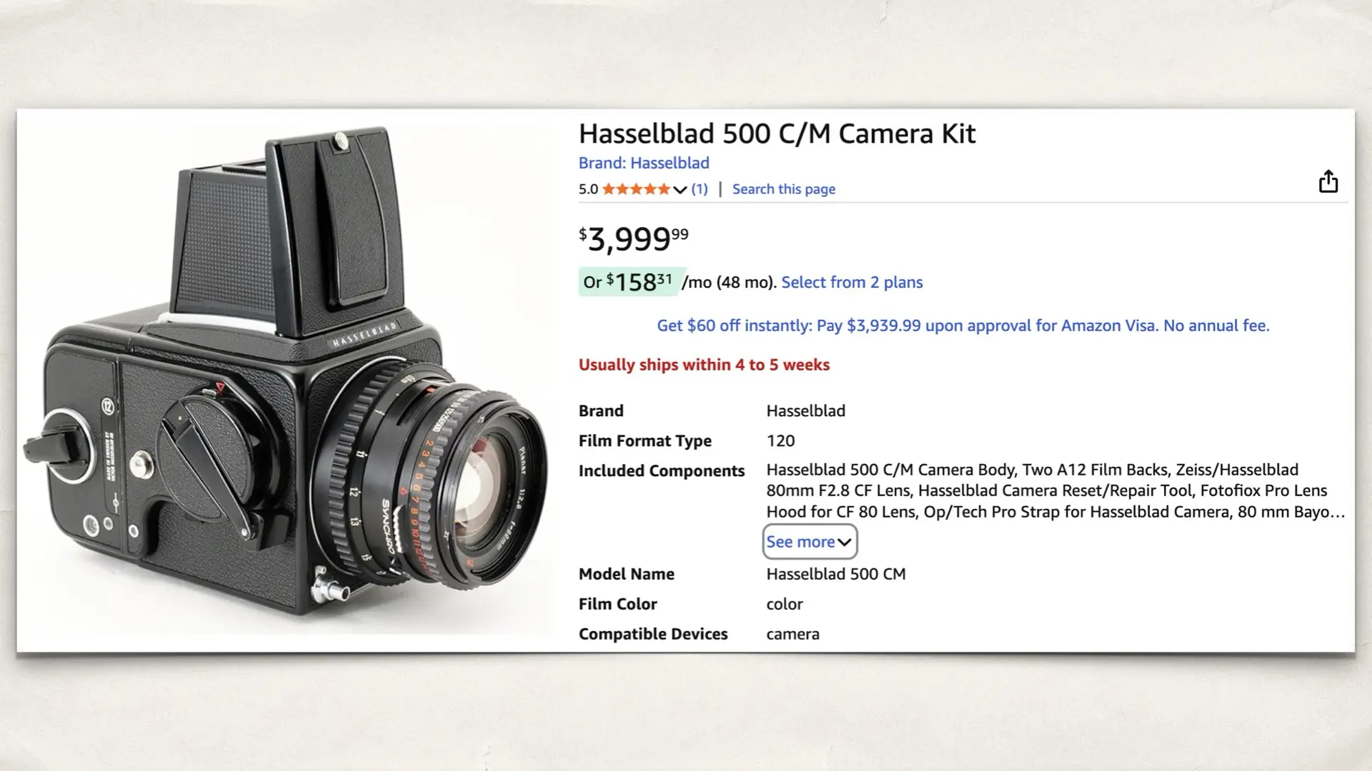 The Hasselblad 500 C/M kit on Amazon