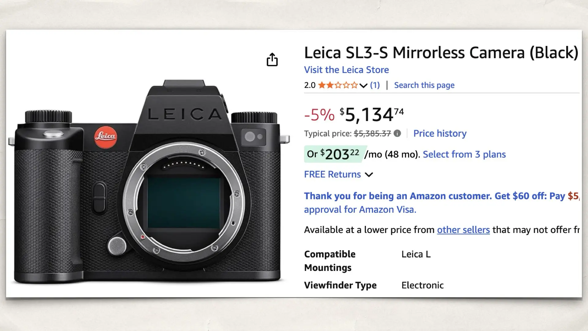 The Leica SL3-S Mirrorless Camera on Amazon