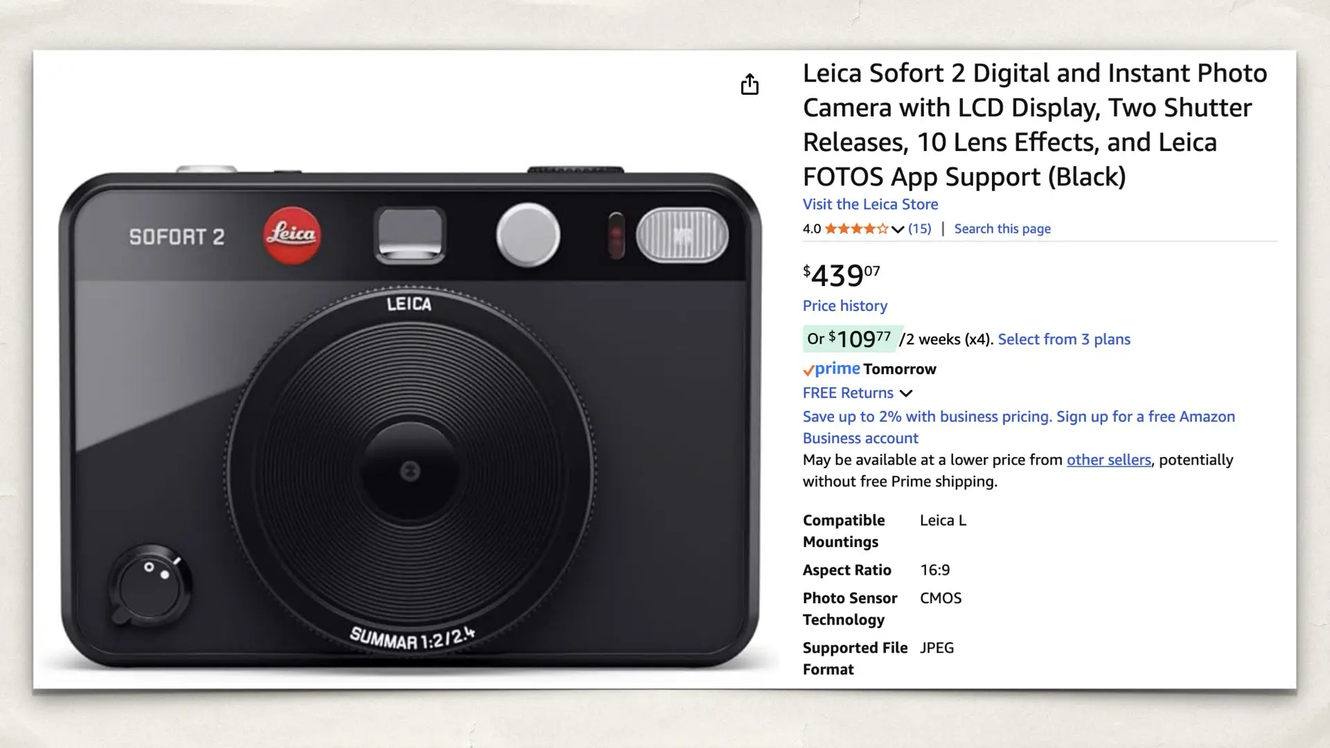 The Leica Sofort 2 Digital and Instant Photo Camera on Amazon