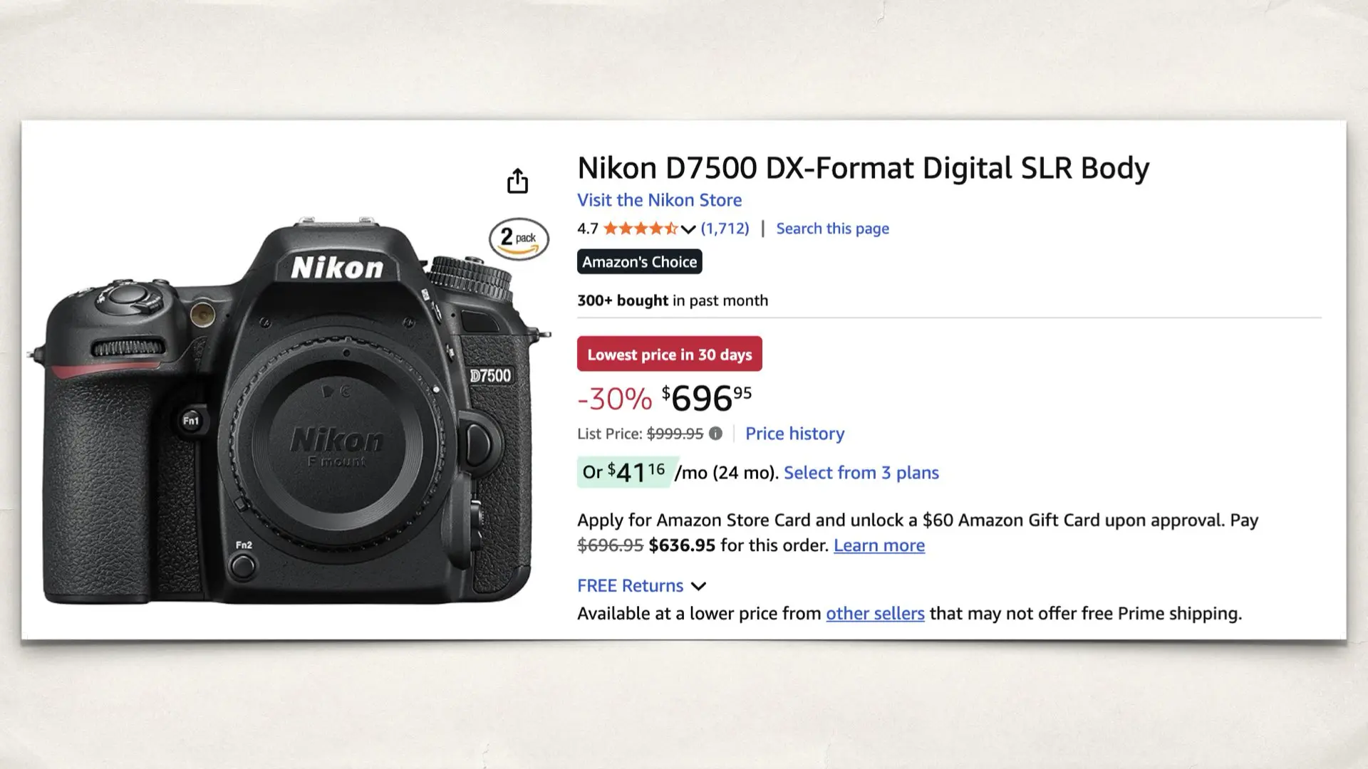 The Nikon D7500 DX-Format Digital SLR Body: Price History on Amazon