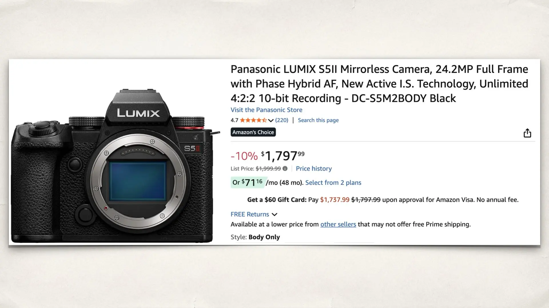 The Panasonic LUMIX S5II on Amazon