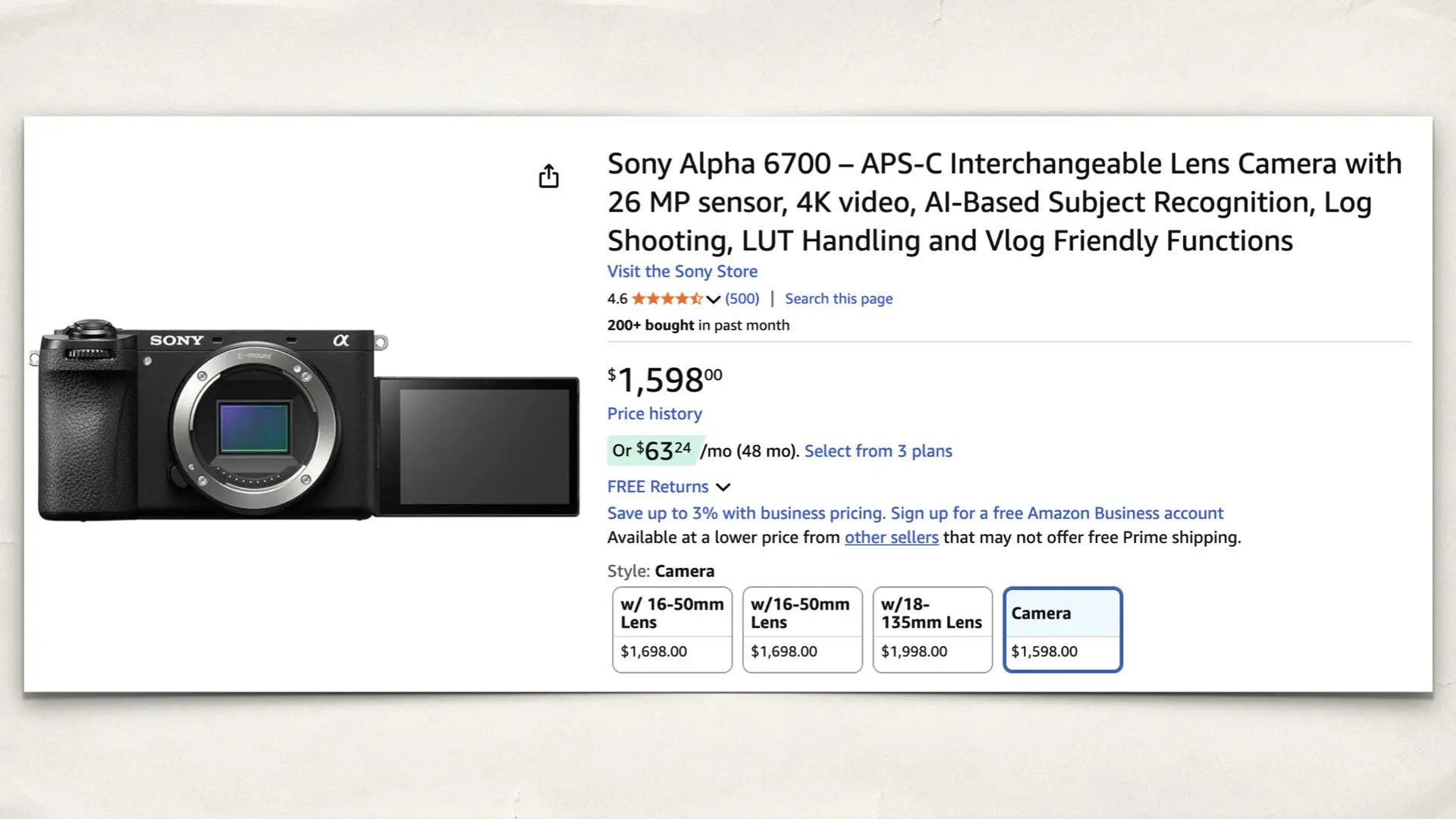 The Sony Alpha 6700 on Amazon
