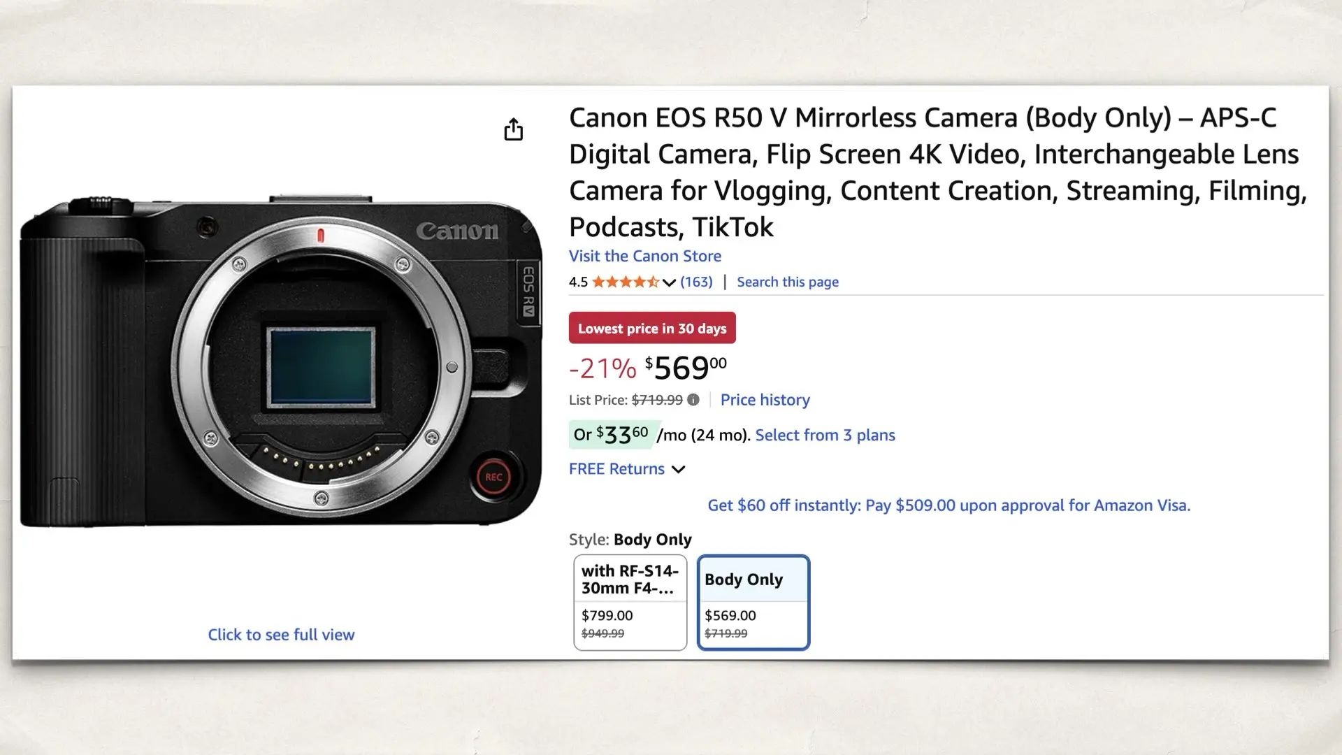 The Canon EOS R50 V on Amazon
