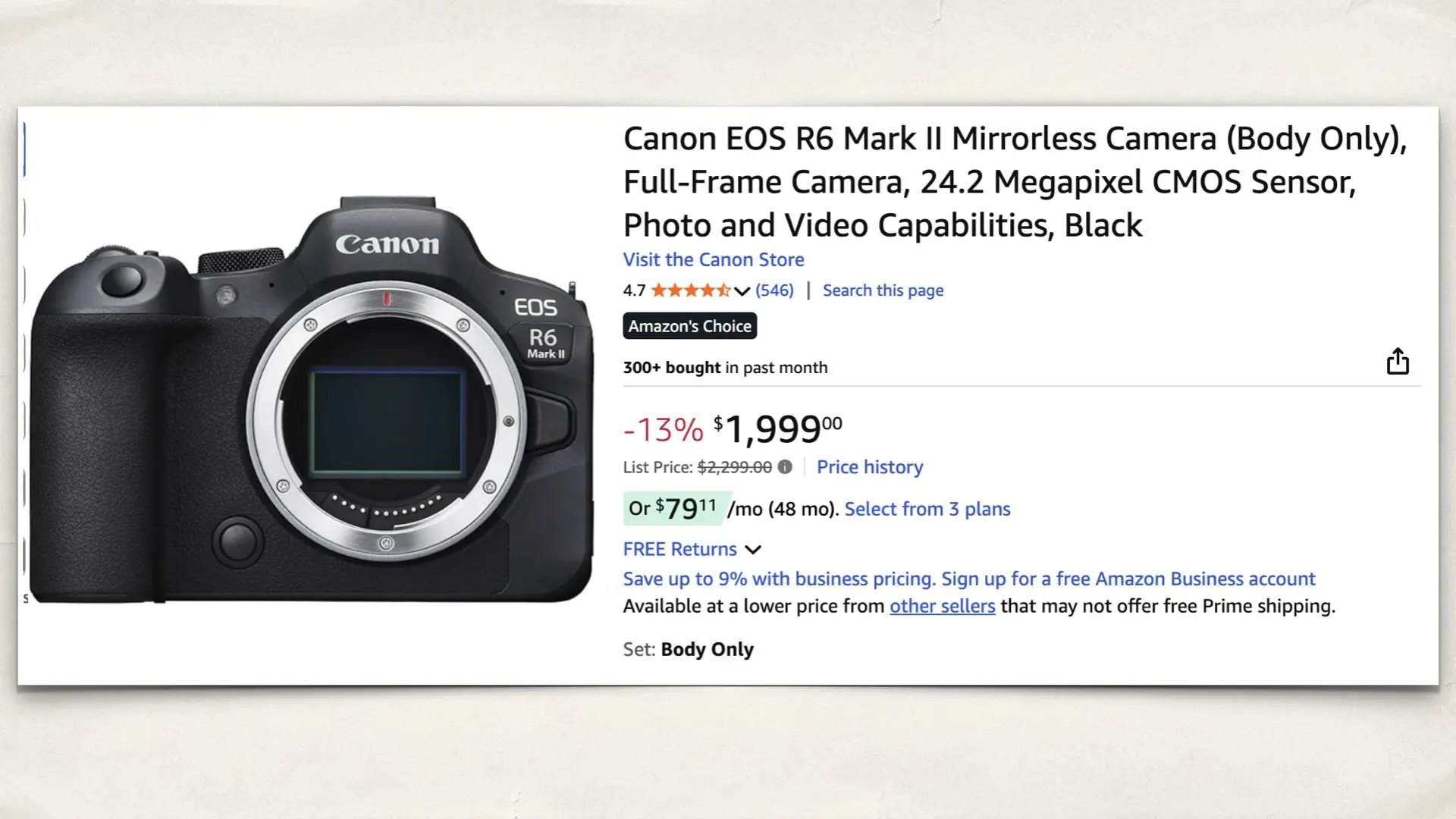 The Canon EOS R6 Mark II on Amazon