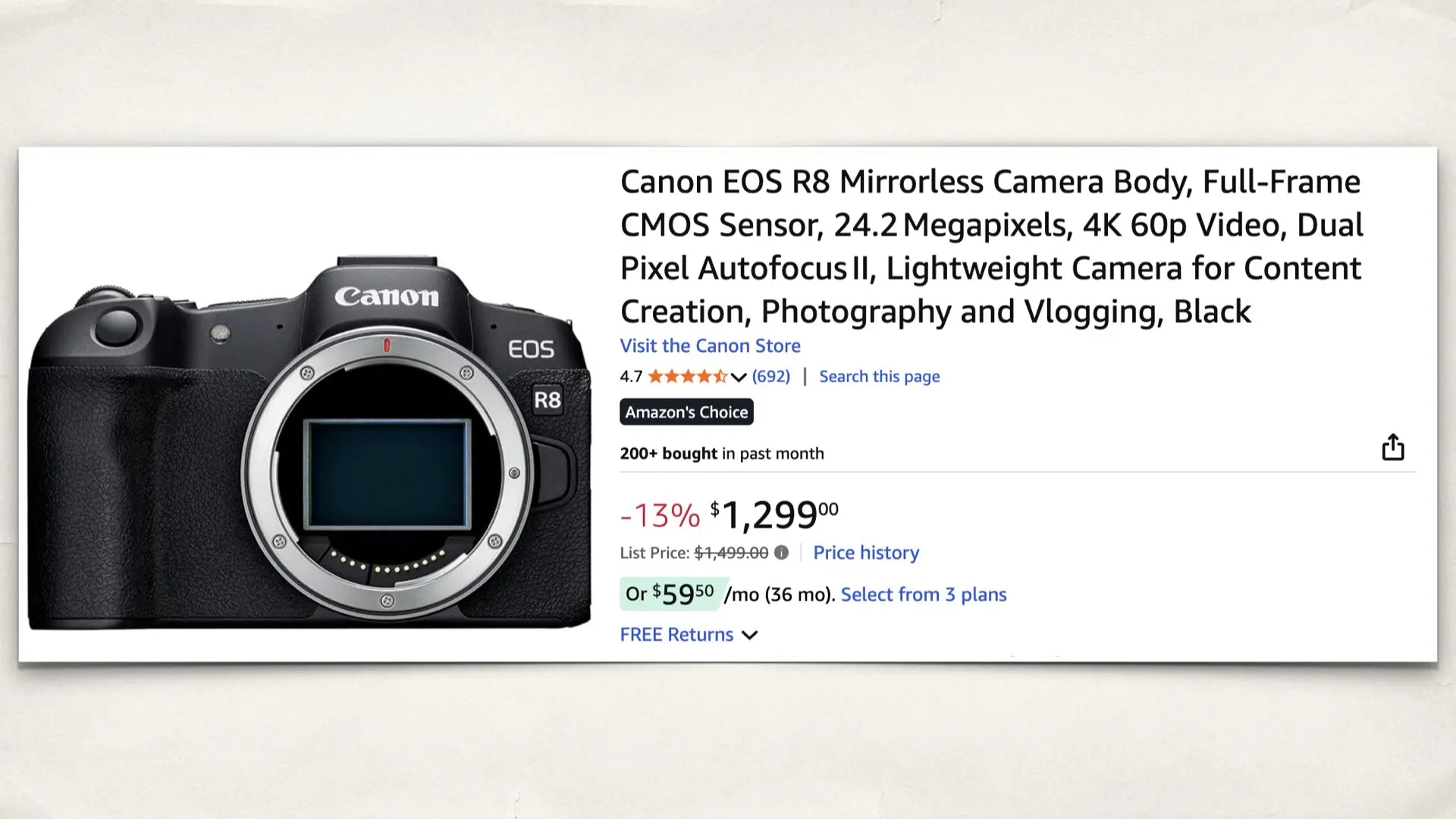 The Canon EOS R8 on Amazon
