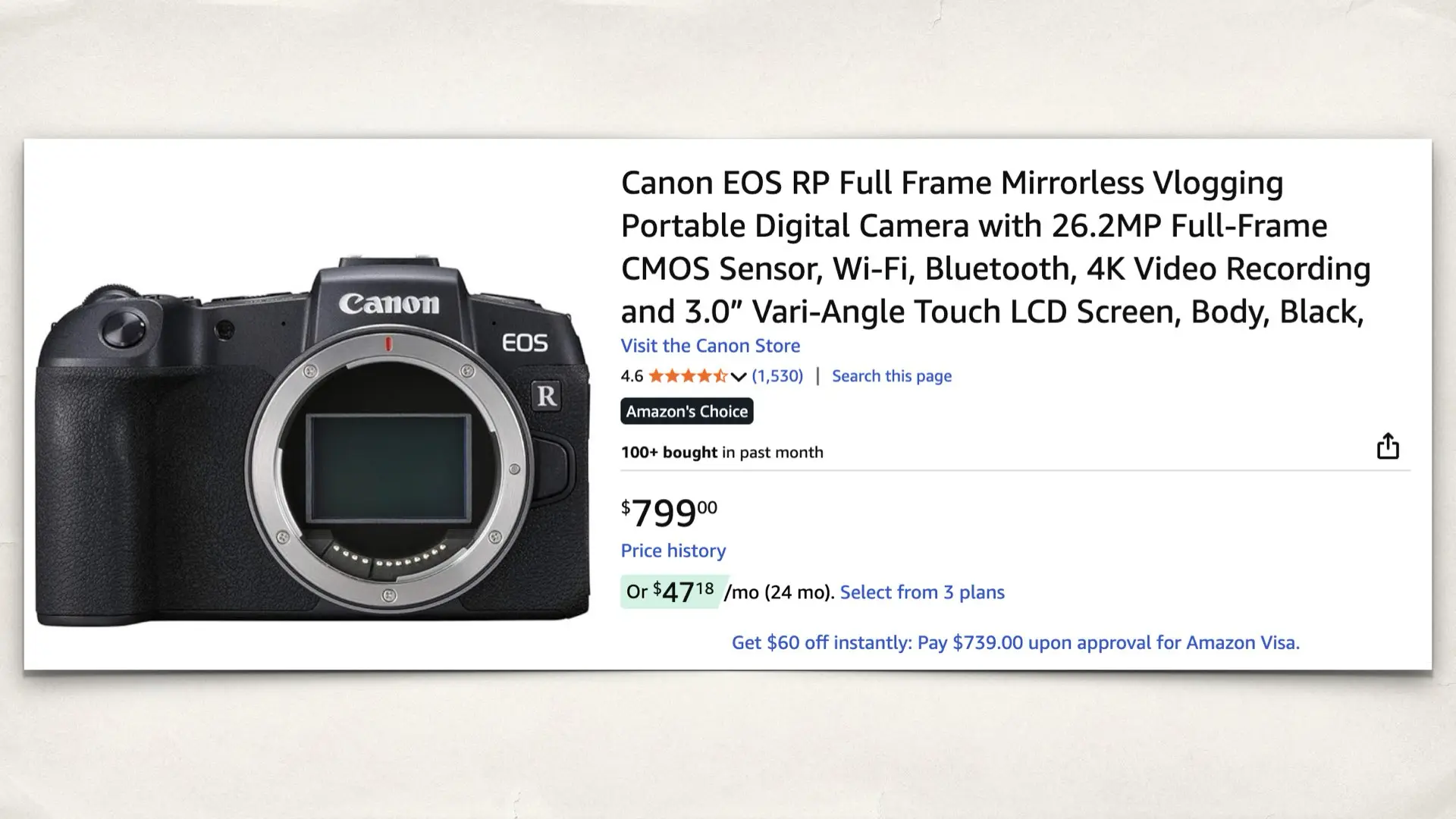 The Canon EOS RP on Amazon