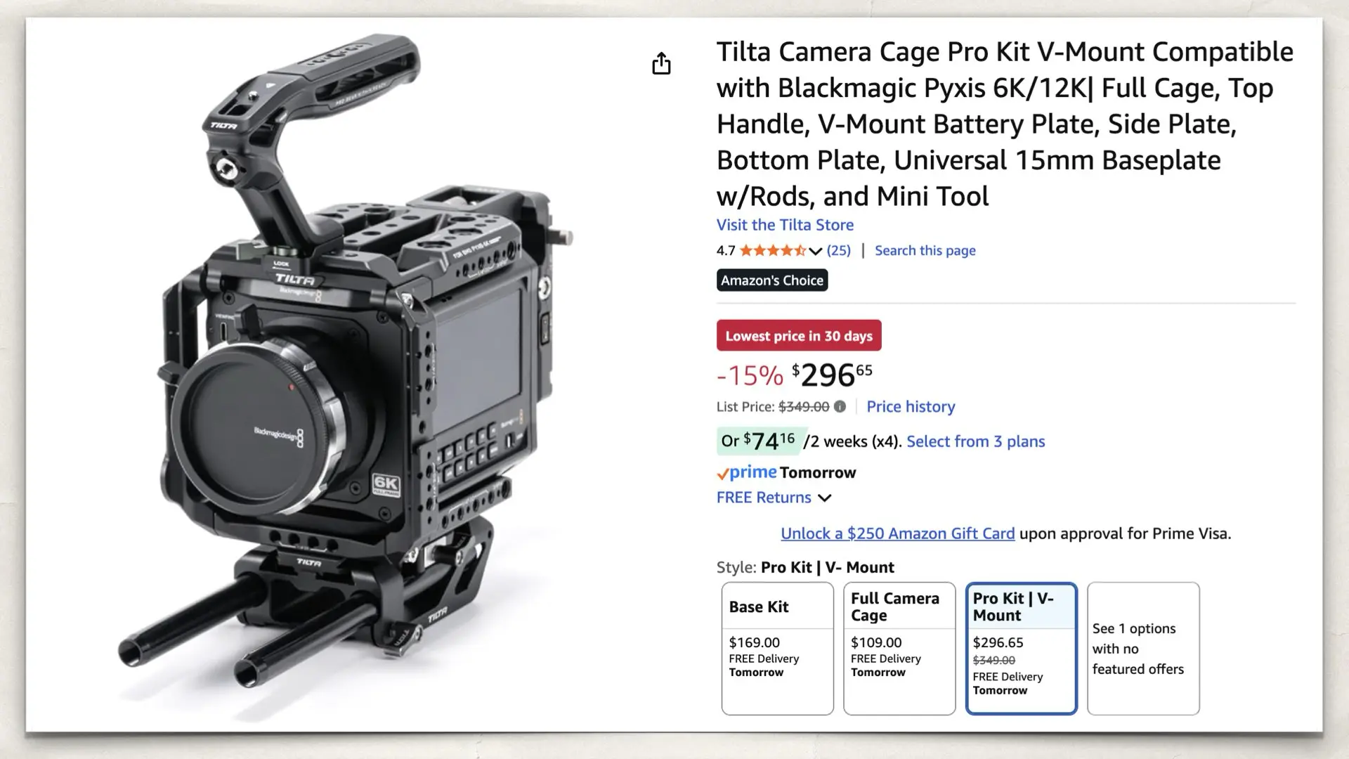 The Tilta Camera Cage Pro Kit V-Mount Compatible with Blackmagic Pyxis 6K on Amazon