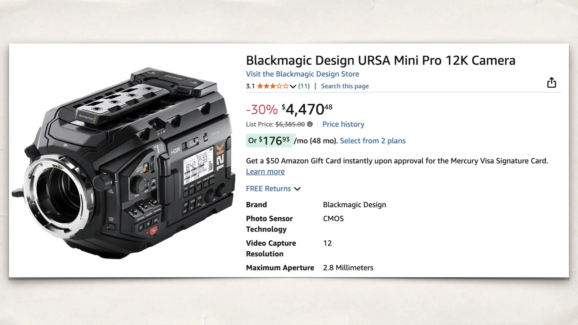 The Blackmagic Design URSA Mini Pro 12K Camera on Amazon