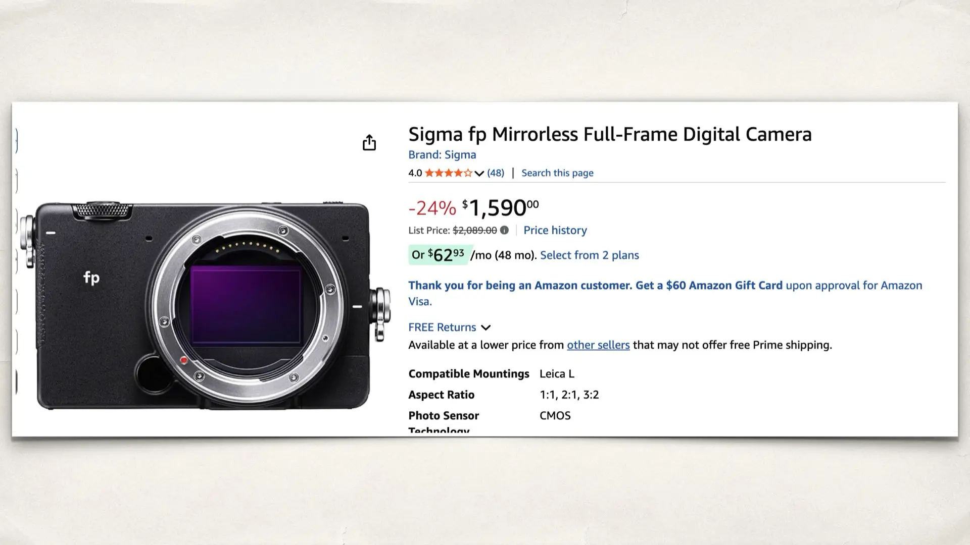 The Sigma fp on Amazon
