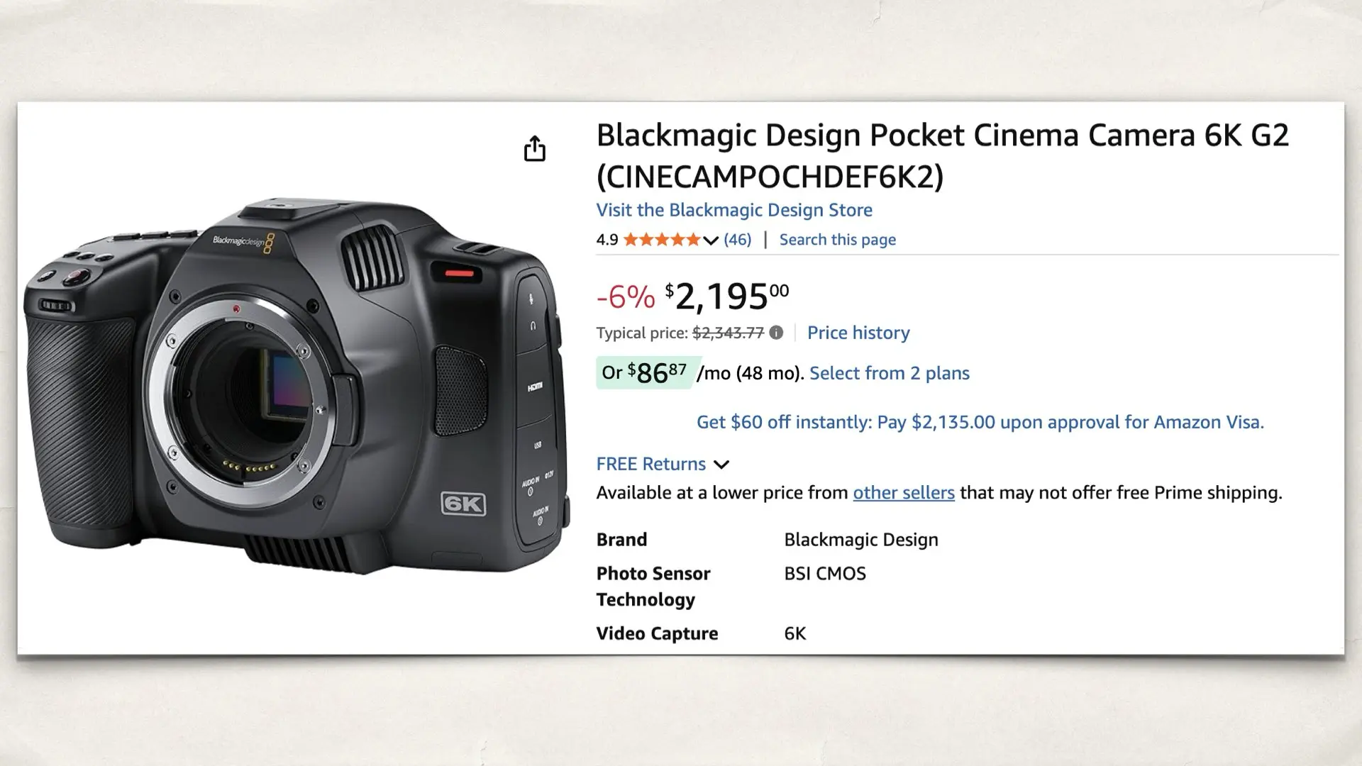 Blackmagic Design Pocket Cinema Camera 6K G2 on Amazon