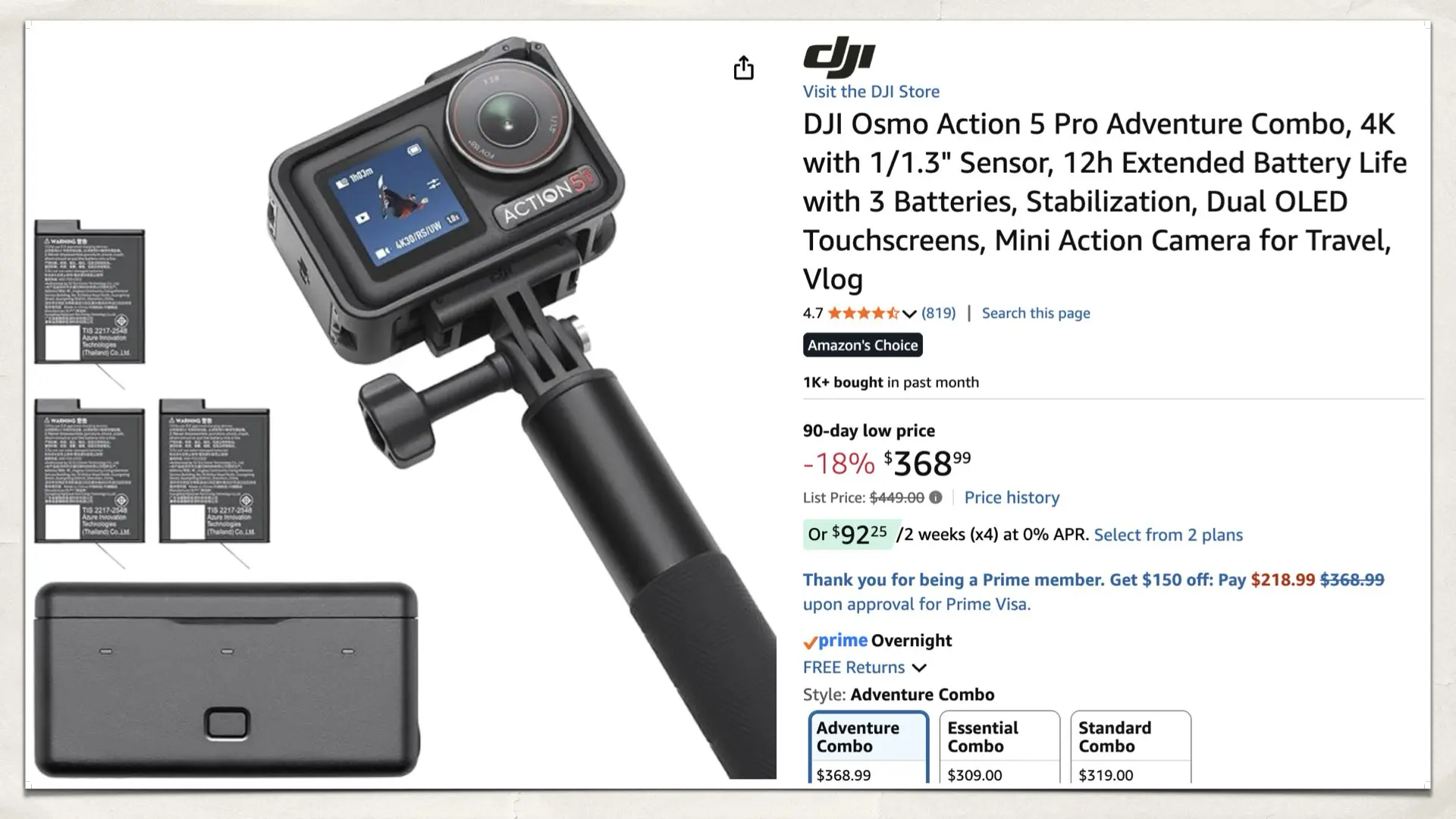 DJI Osmo Action 5 Pro Adventure Combo on Amazon