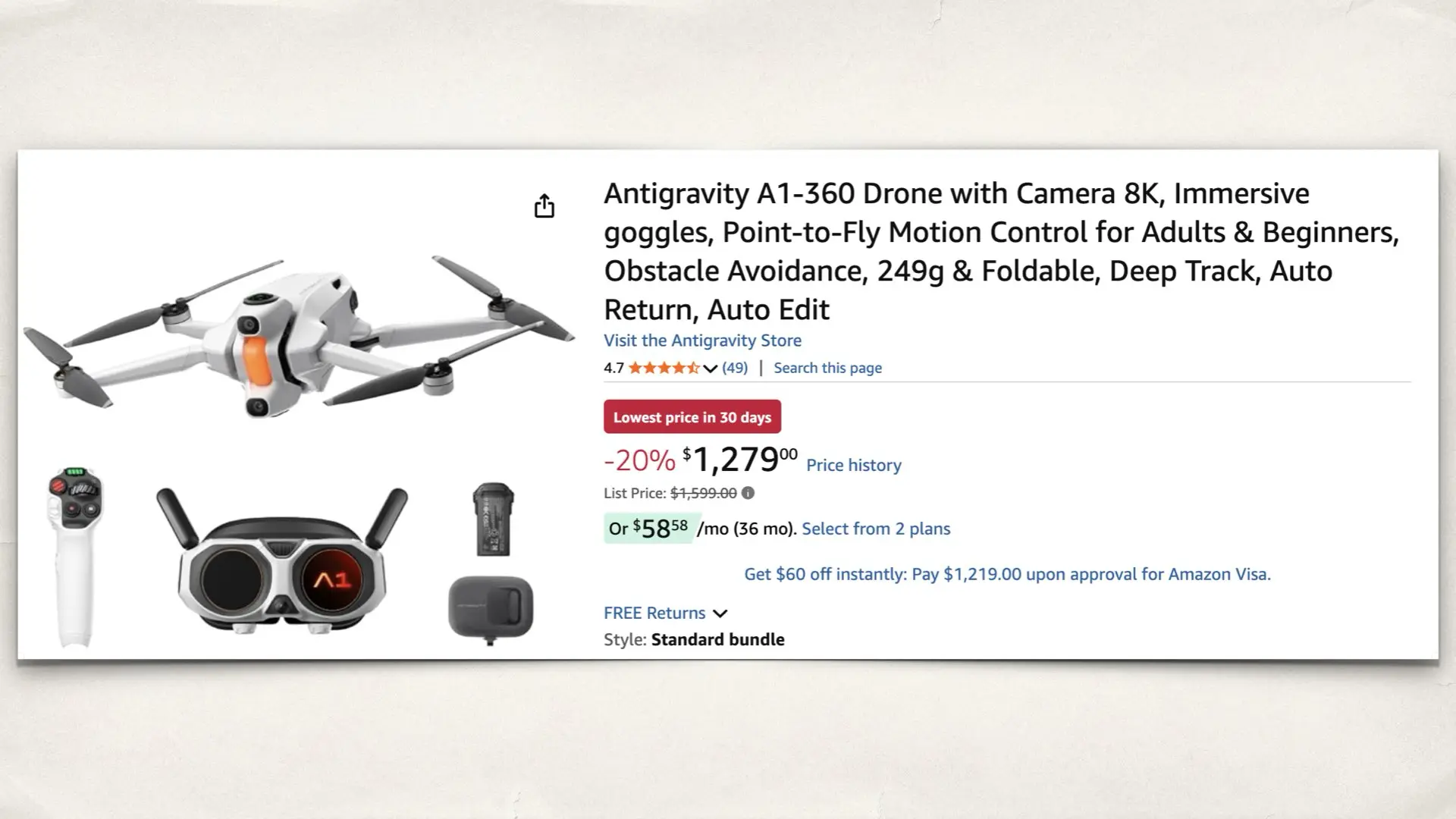 Antigravity A1-360 Drone on Amazon