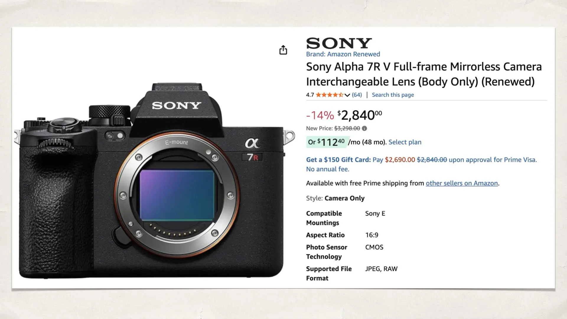 Sony Alpha 7R V Full-frame Mirrorless Camera Interchangeable Lens (Body Only) (Renewed)
