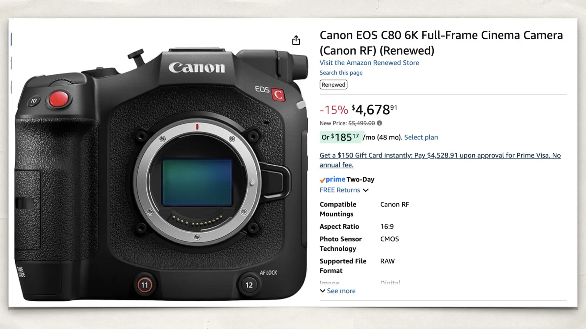 Canon EOS C80 6K Full-Frame Cinema Camera (Canon RF) (Renewed)
