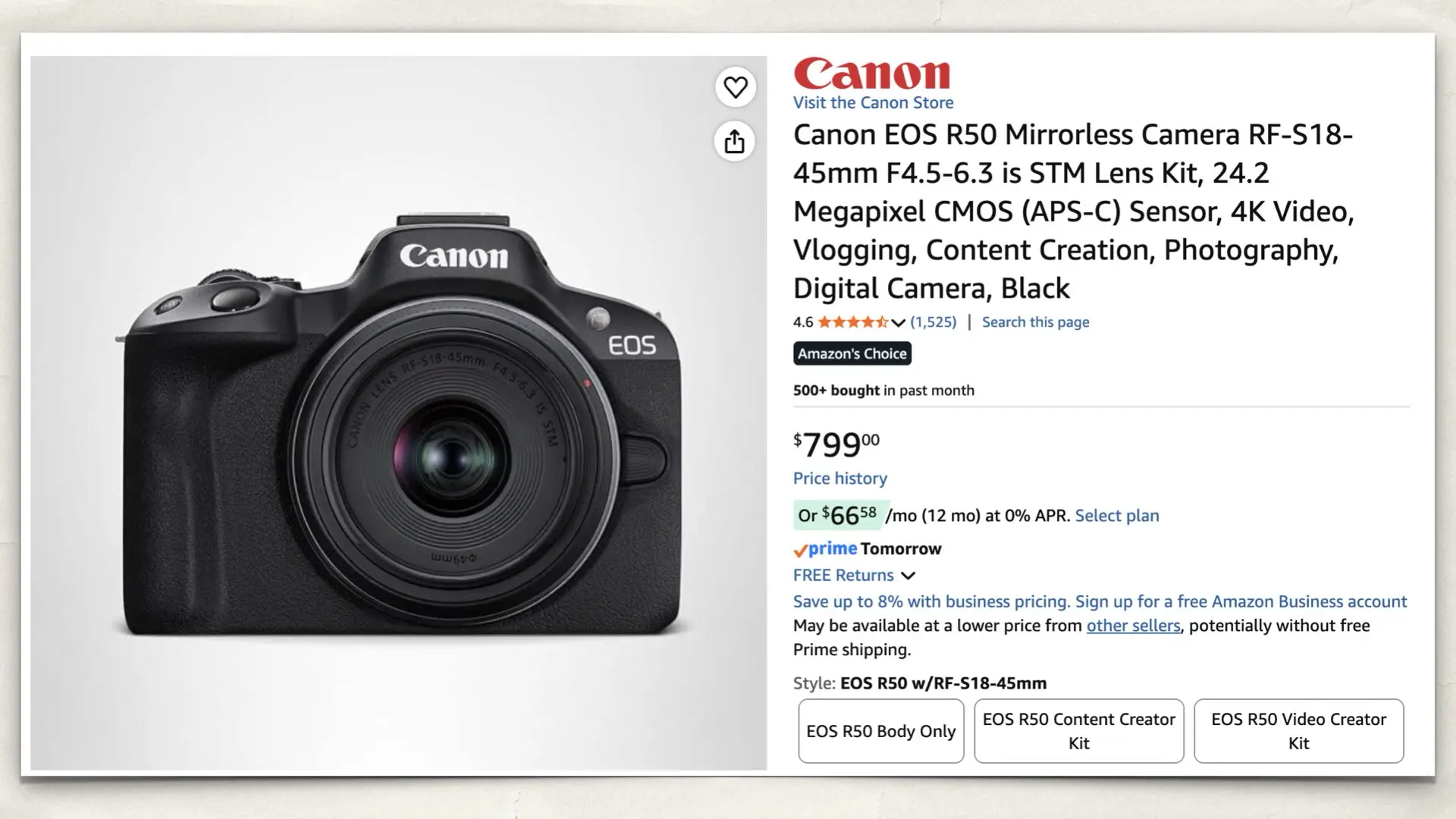 The Canon EOS R50 on Amazon