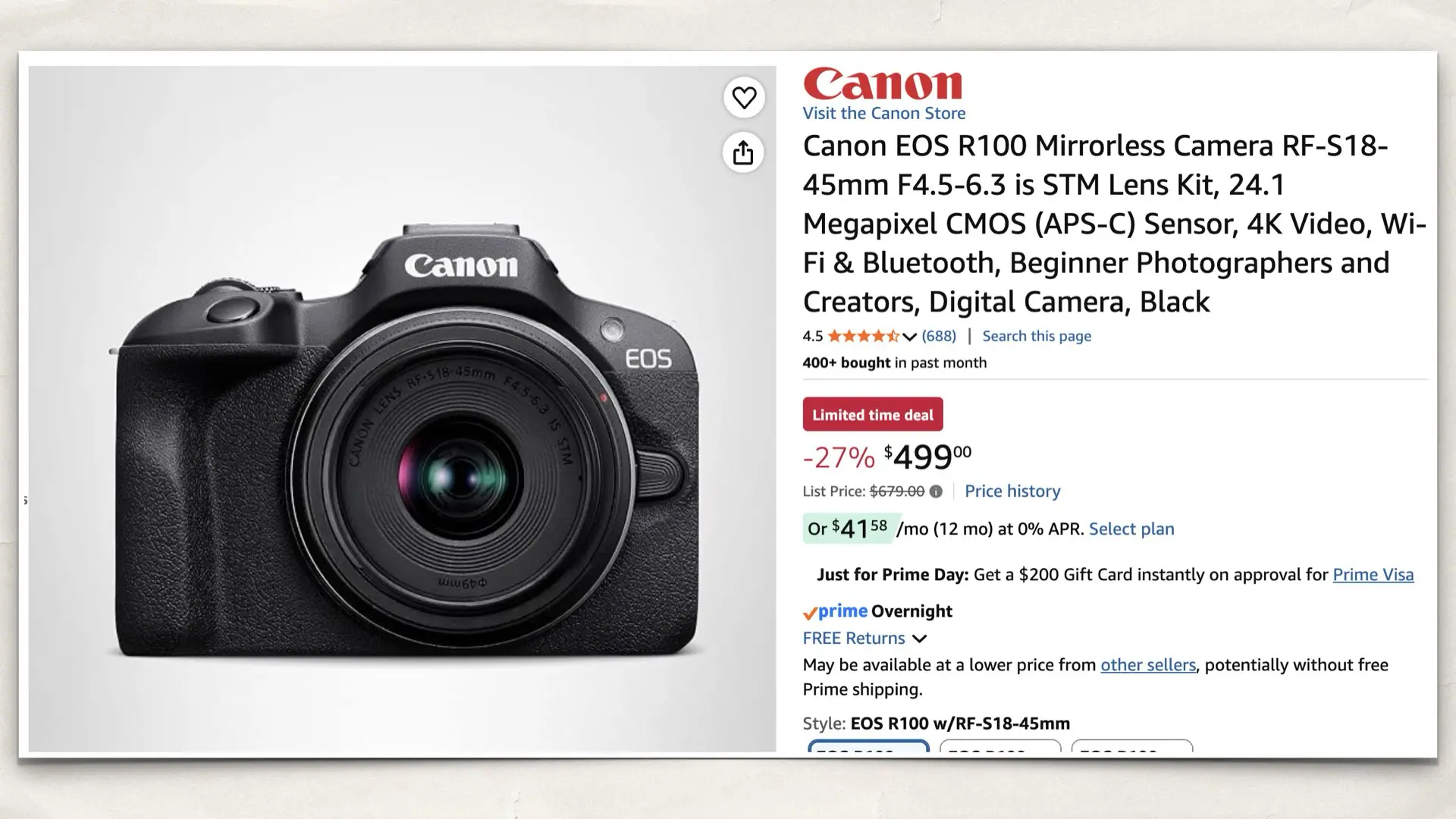 The Canon EOS R100 on Amazon