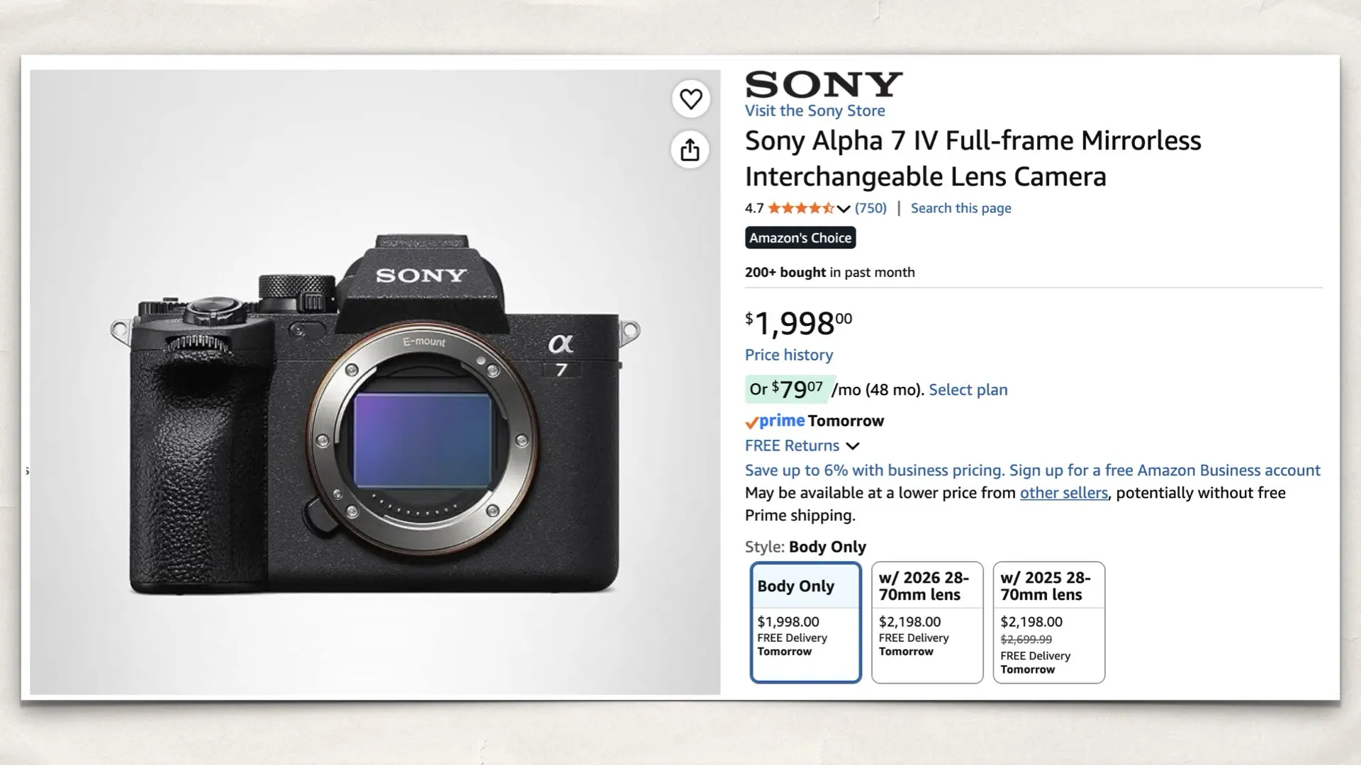 The Sony Alpha 7 IV on Amazon