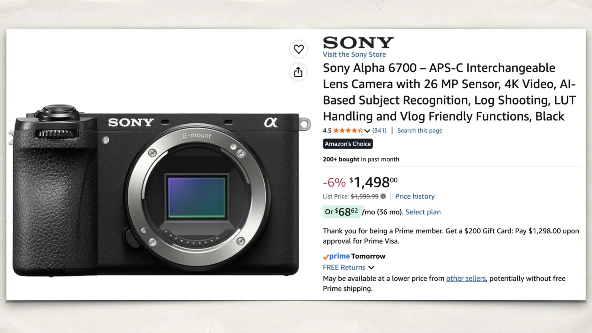 The Sony Alpha 6700 on Amazon