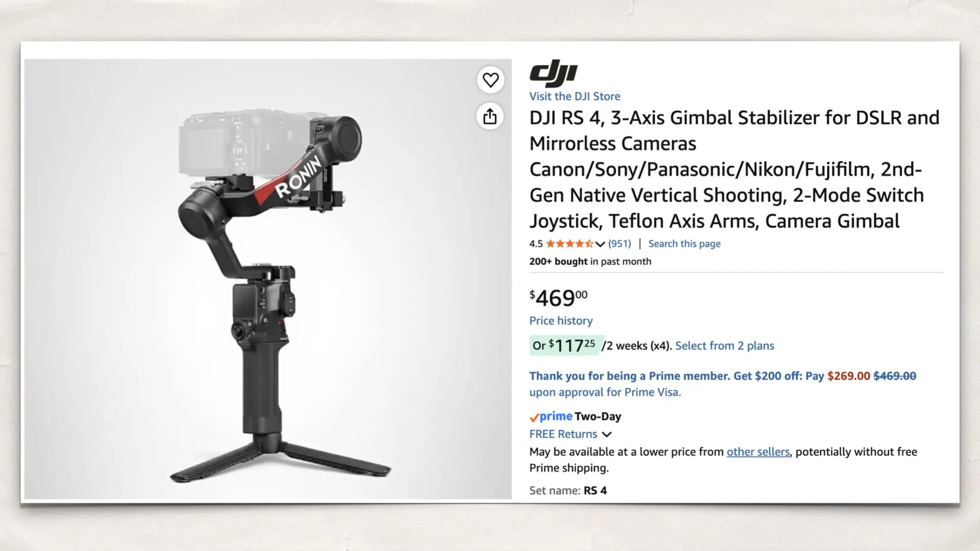 DJI RS 4, 3-Axis Gimbal Stabilizer for DSLR and Mirrorless Cameras