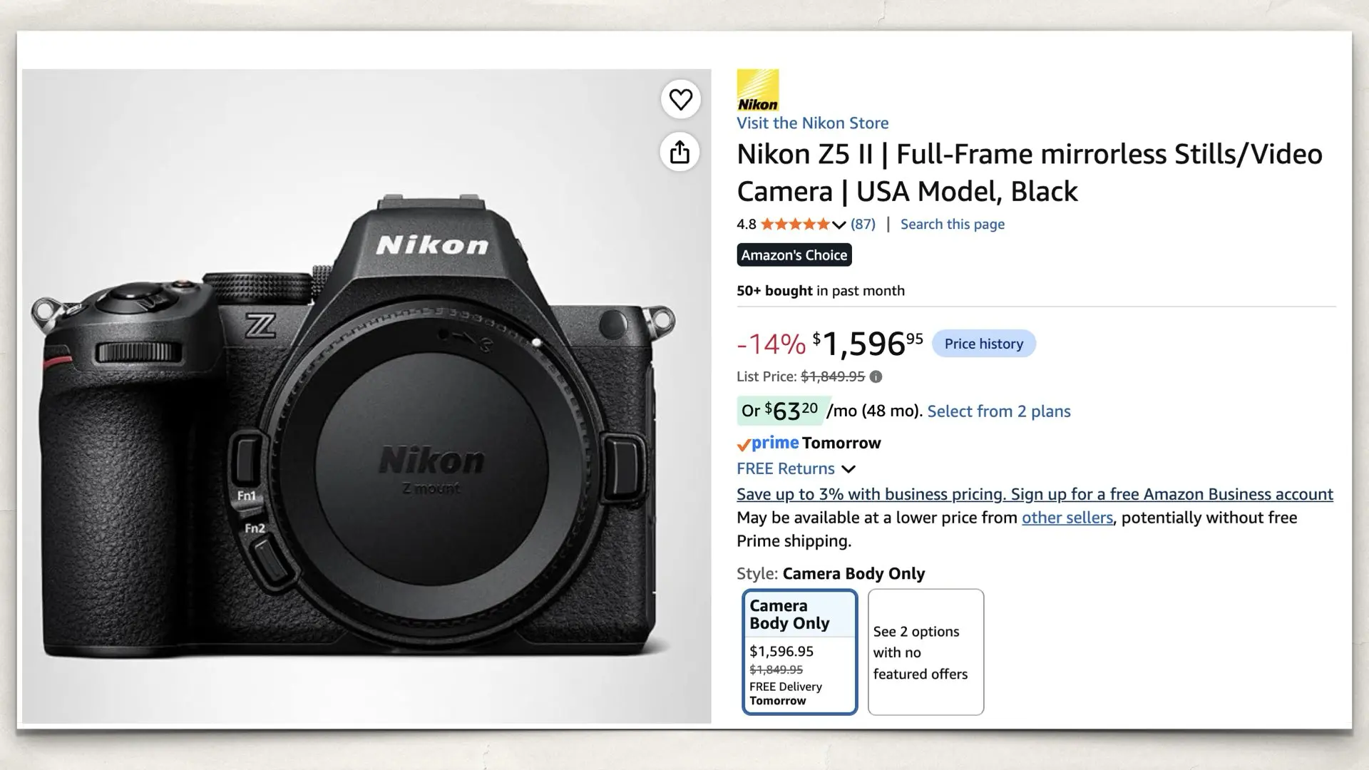 The Nikon Z5 II on Amazon