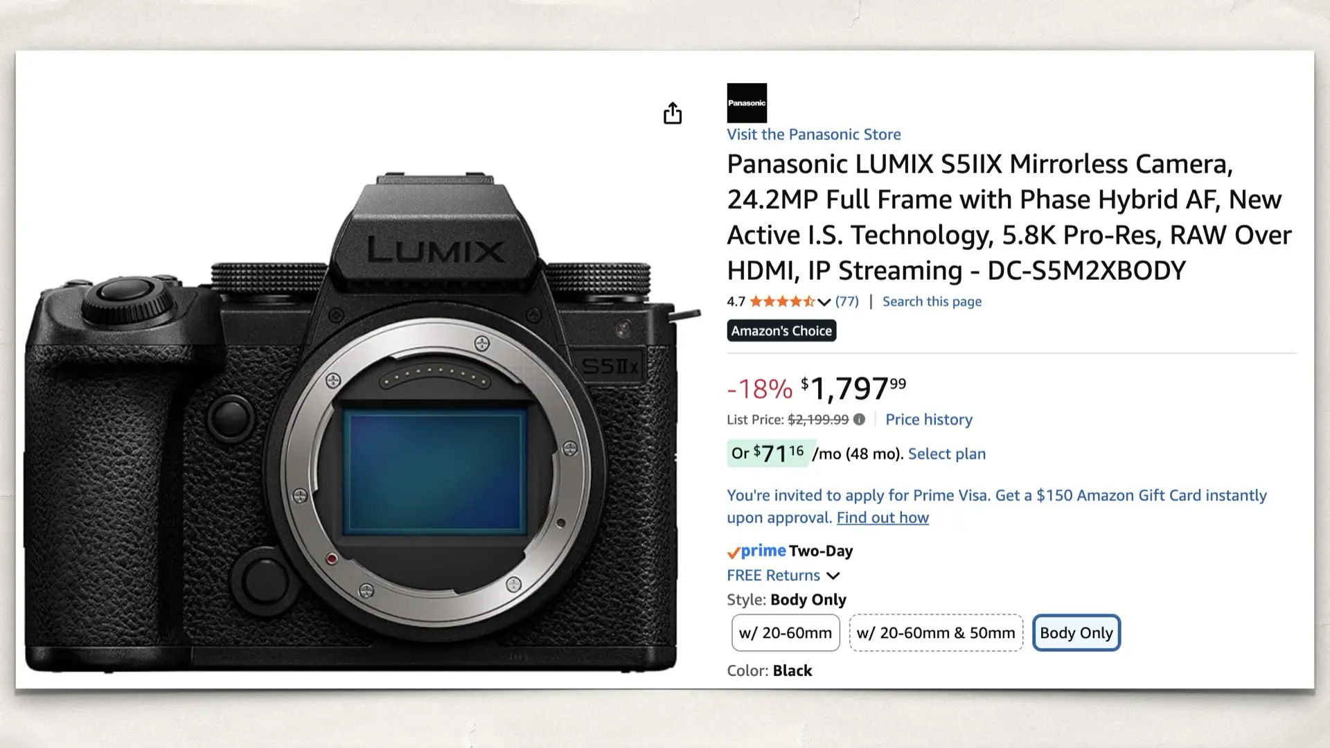The Panasonic LUMIX S5IIX on Amazon