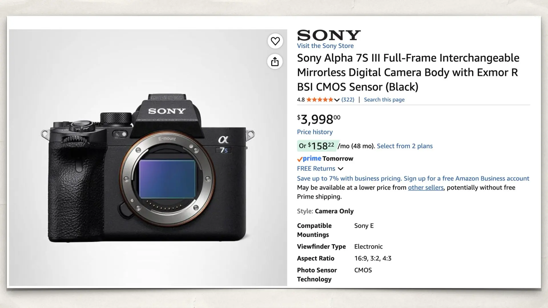 The Sony Alpha 7S III on Amazon: New