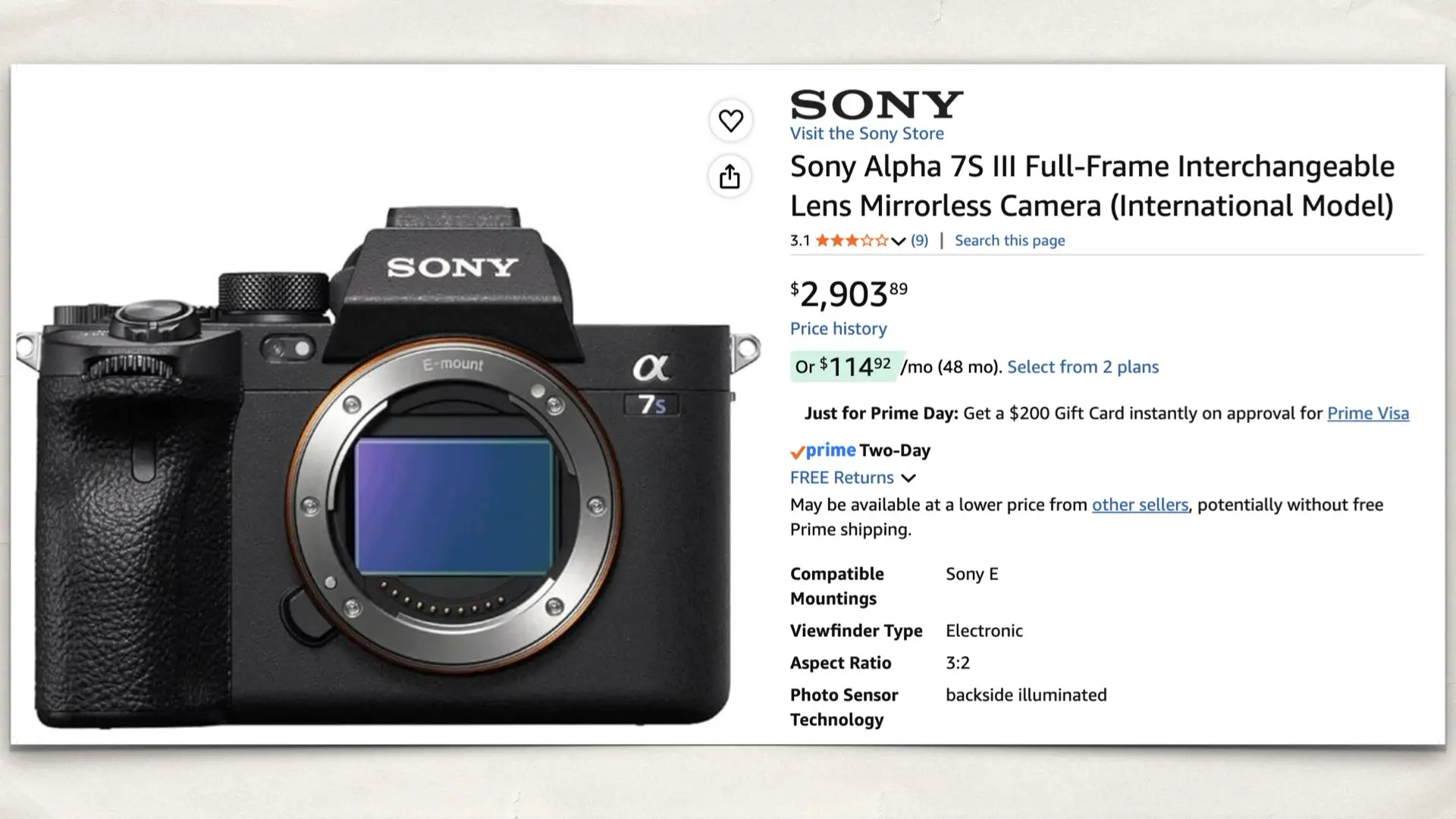 Sony Alpha 7S III Full-Frame Interchangeable Lens Mirrorless Camera (International Model)