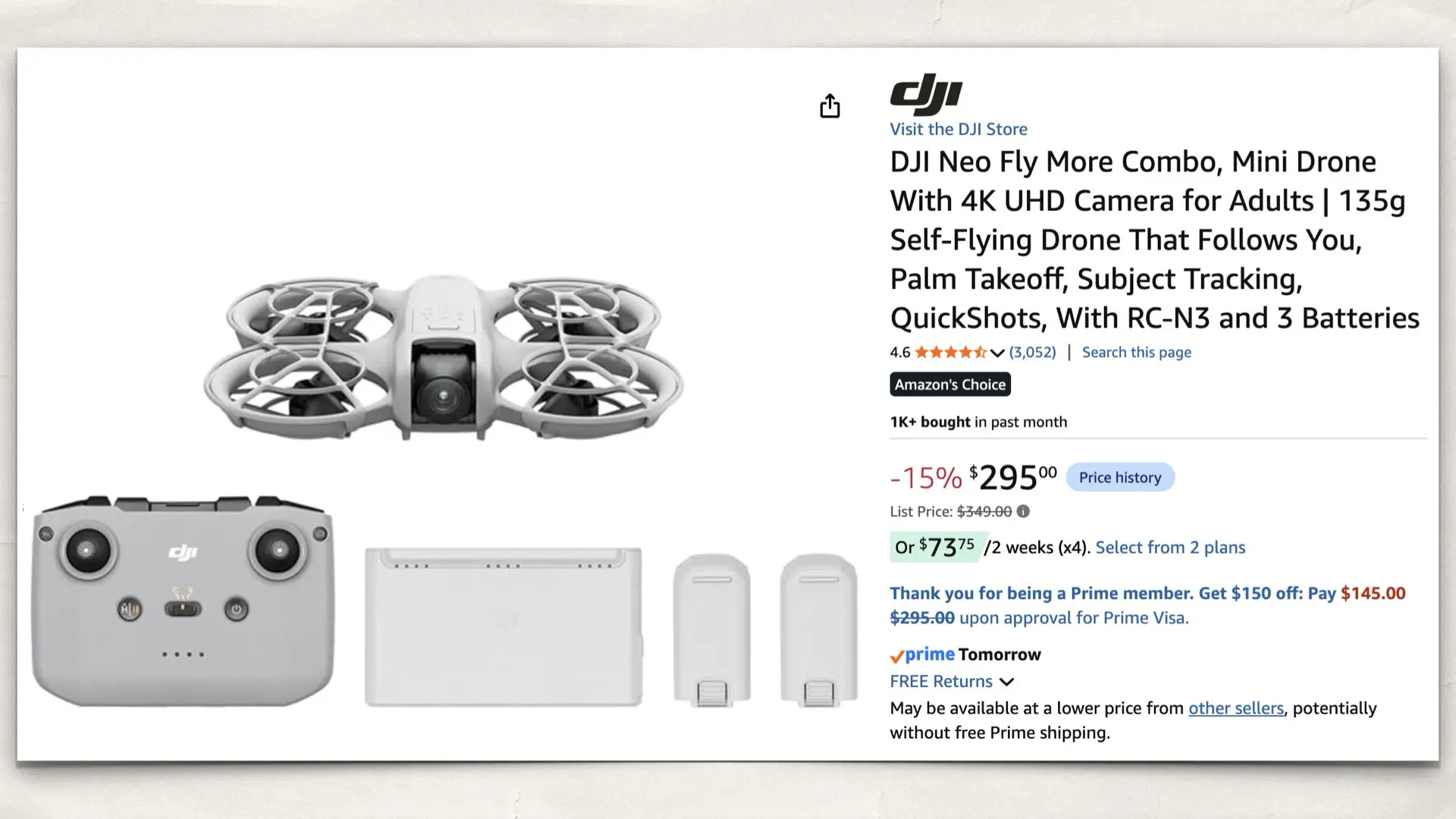 The DJI Neo Fly More Combo on Amazon