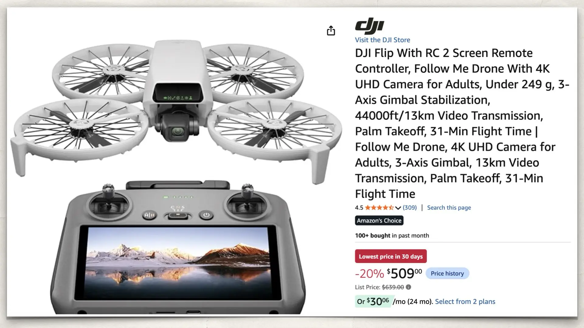 The DJI Flip With RC 2 on Amazon