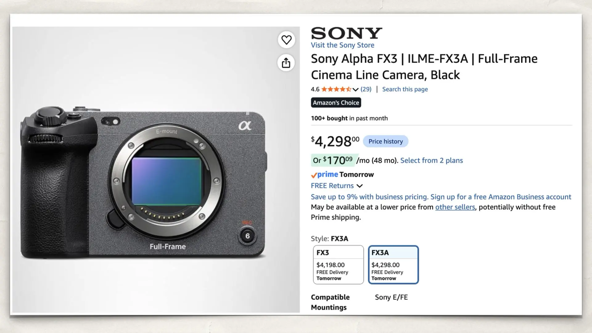 The Sony FX3 on Amazon
