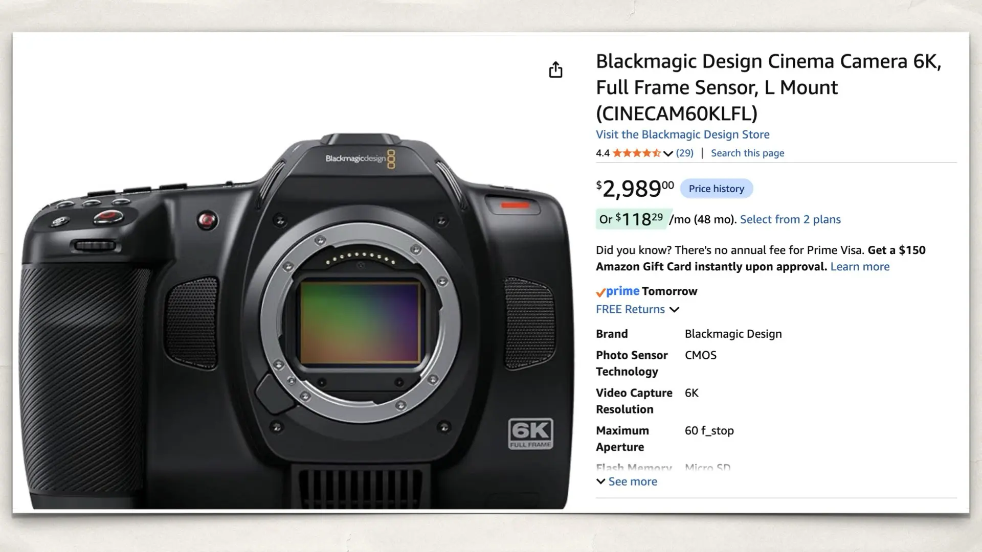 Blackmagic Design Cinema Camera 6K on Amazon