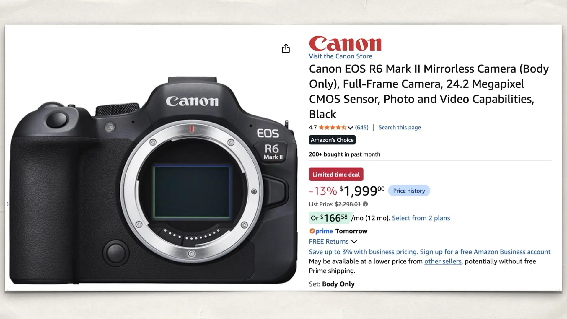 The Canon EOS R6 Mark II on Amazon