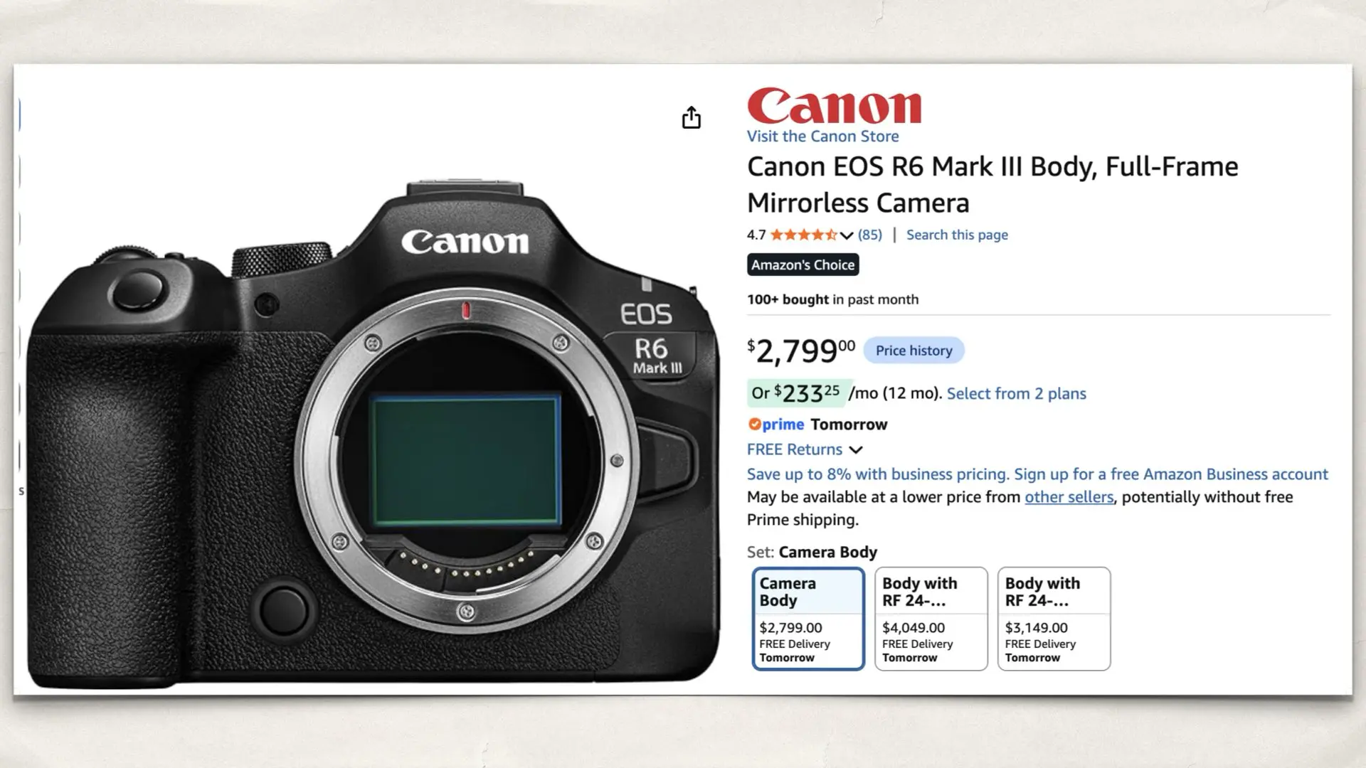 The Canon EOS R6 Mark III on Amazon