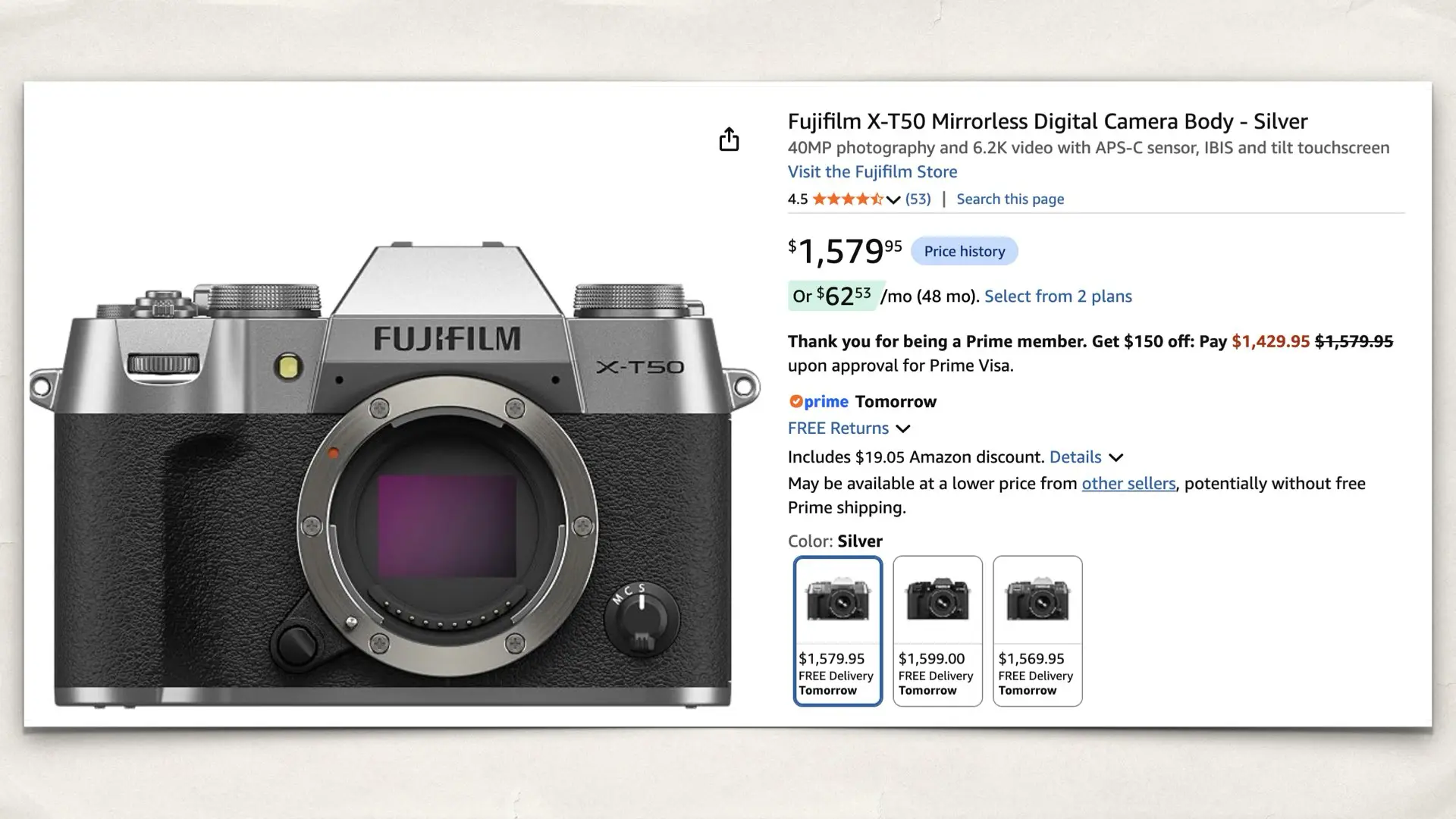Fujifilm X-T50 on Amazon