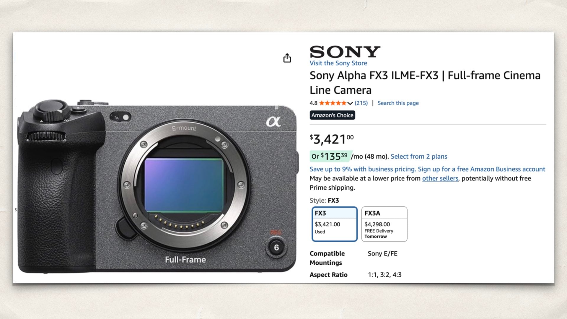The Sony FX3 Used Like New on Amazon