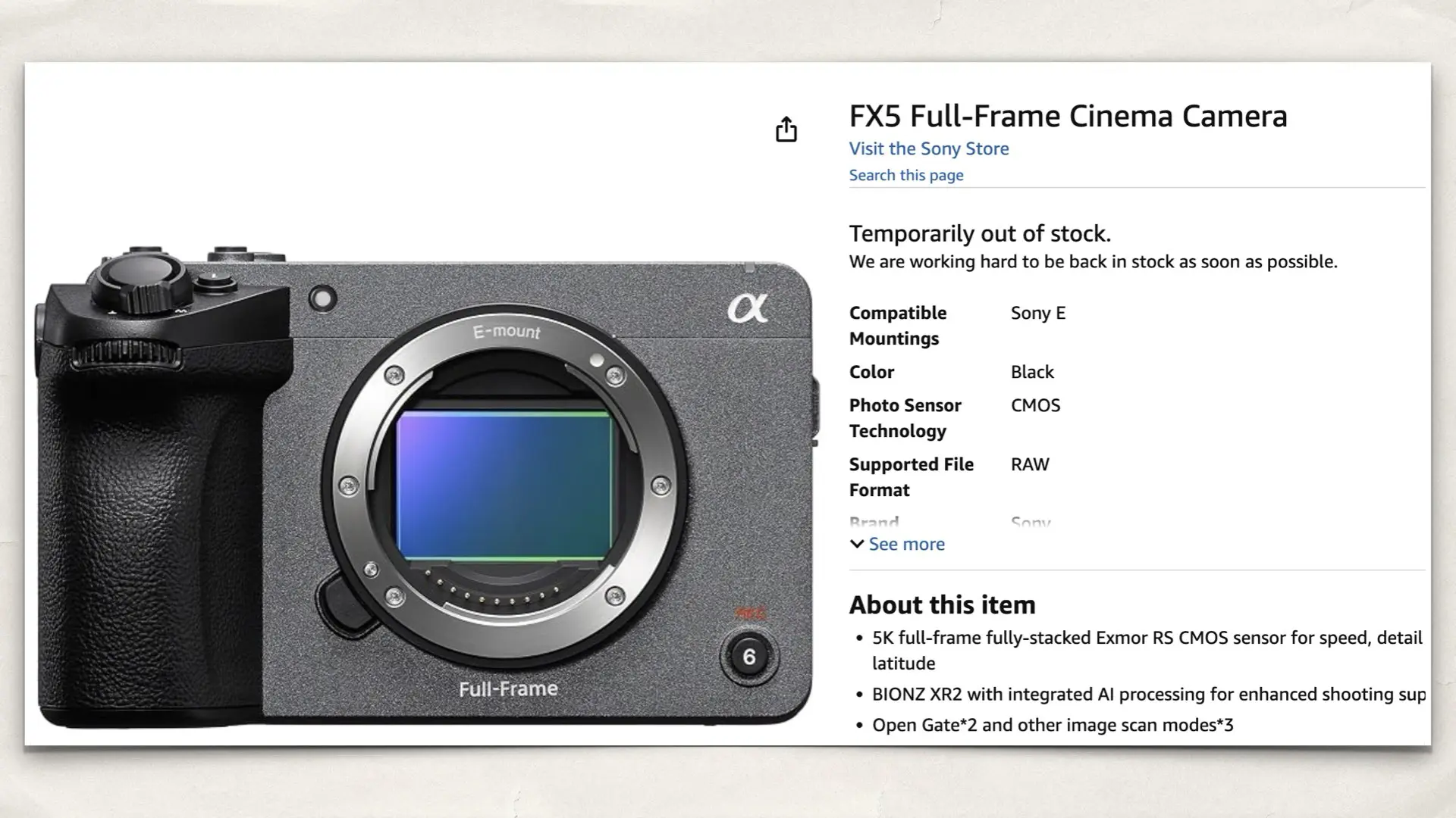 The Sony FX5 on Amazon