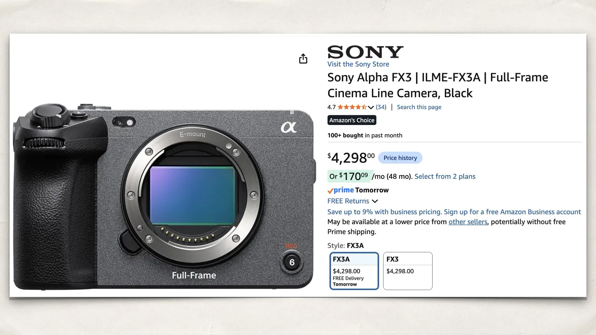 The Sony FX3 on Amazon
