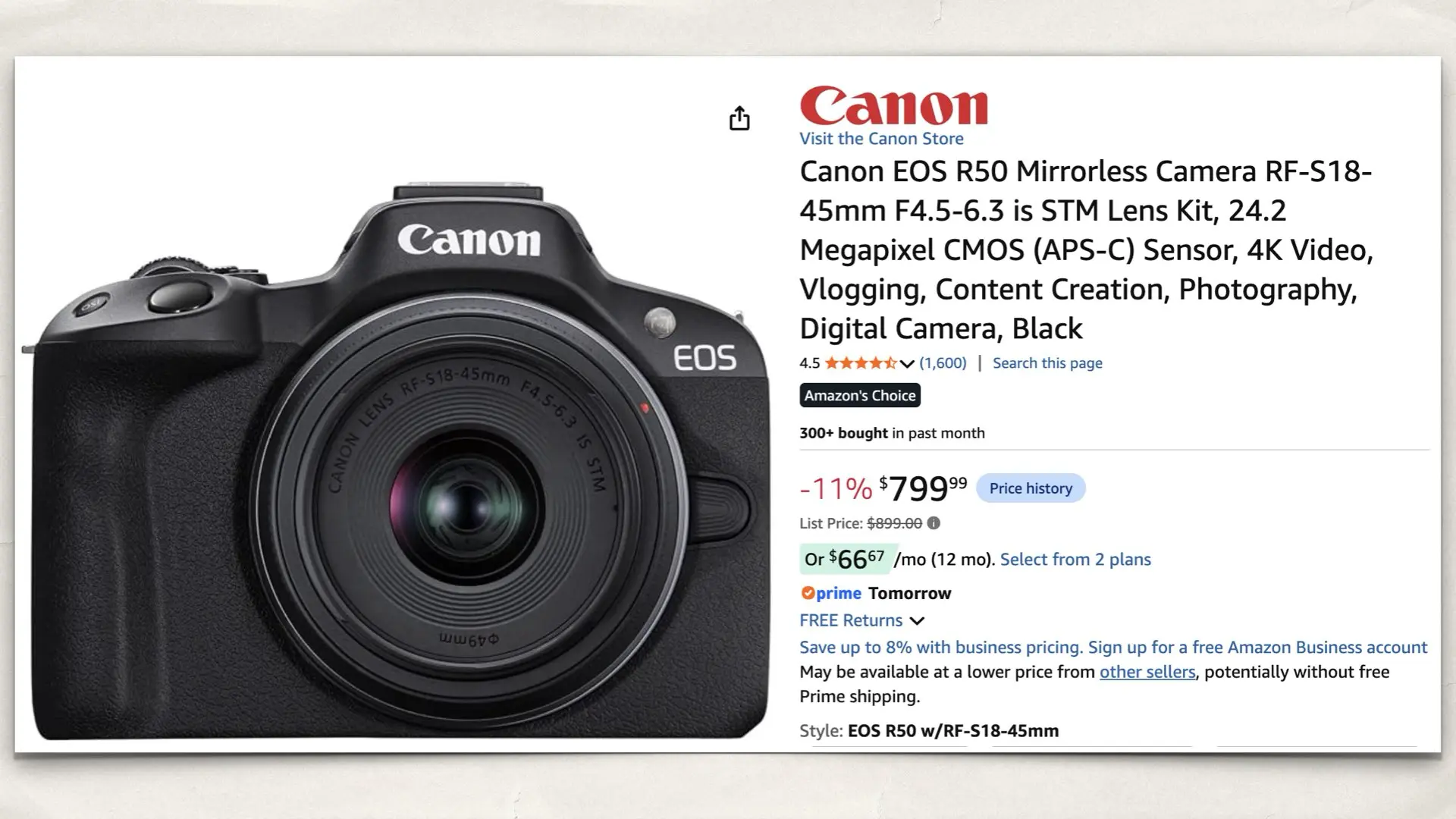 The Canon EOS R50 on Amazon