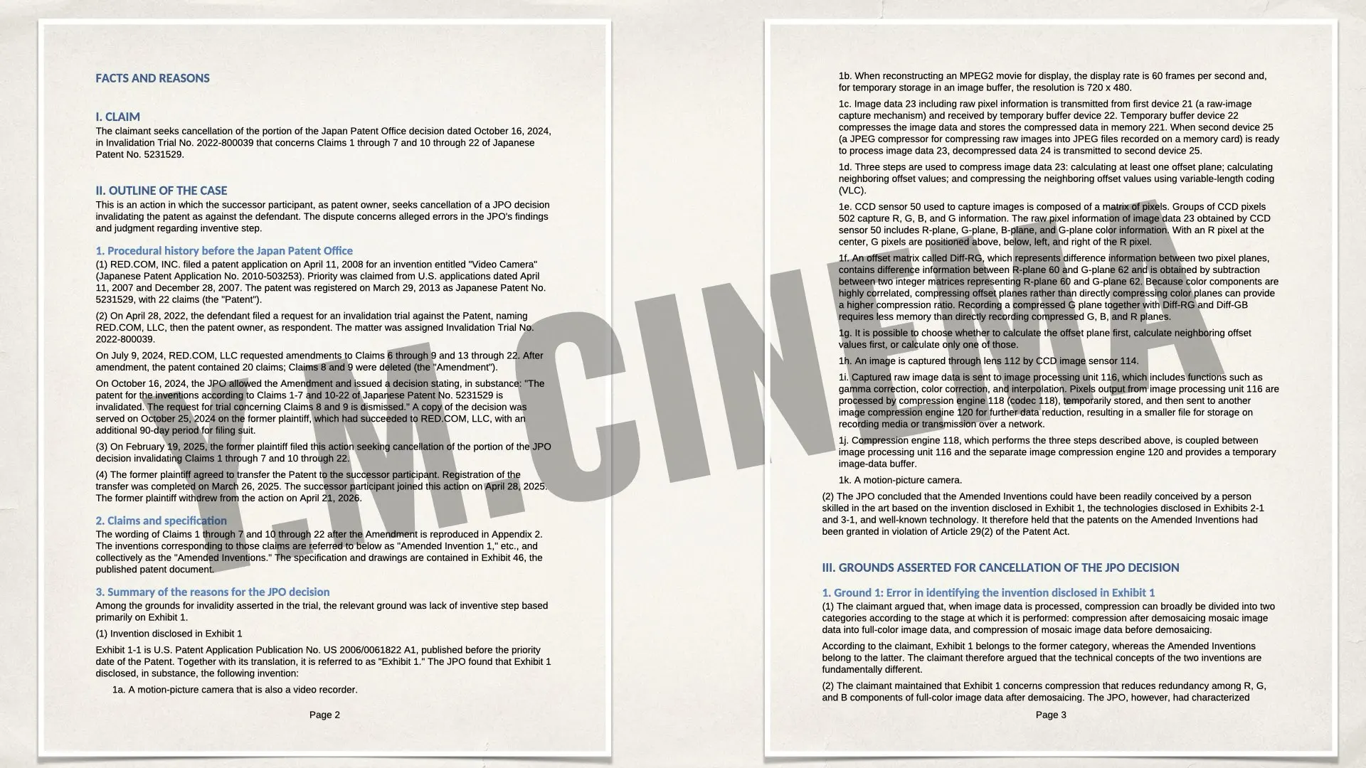 Unofficial English translation of the June 30, 2026 judgment by Japan’s Intellectual Property High Court upholding the invalidation of key claims in RED’s Japanese compressed RAW video patent.
