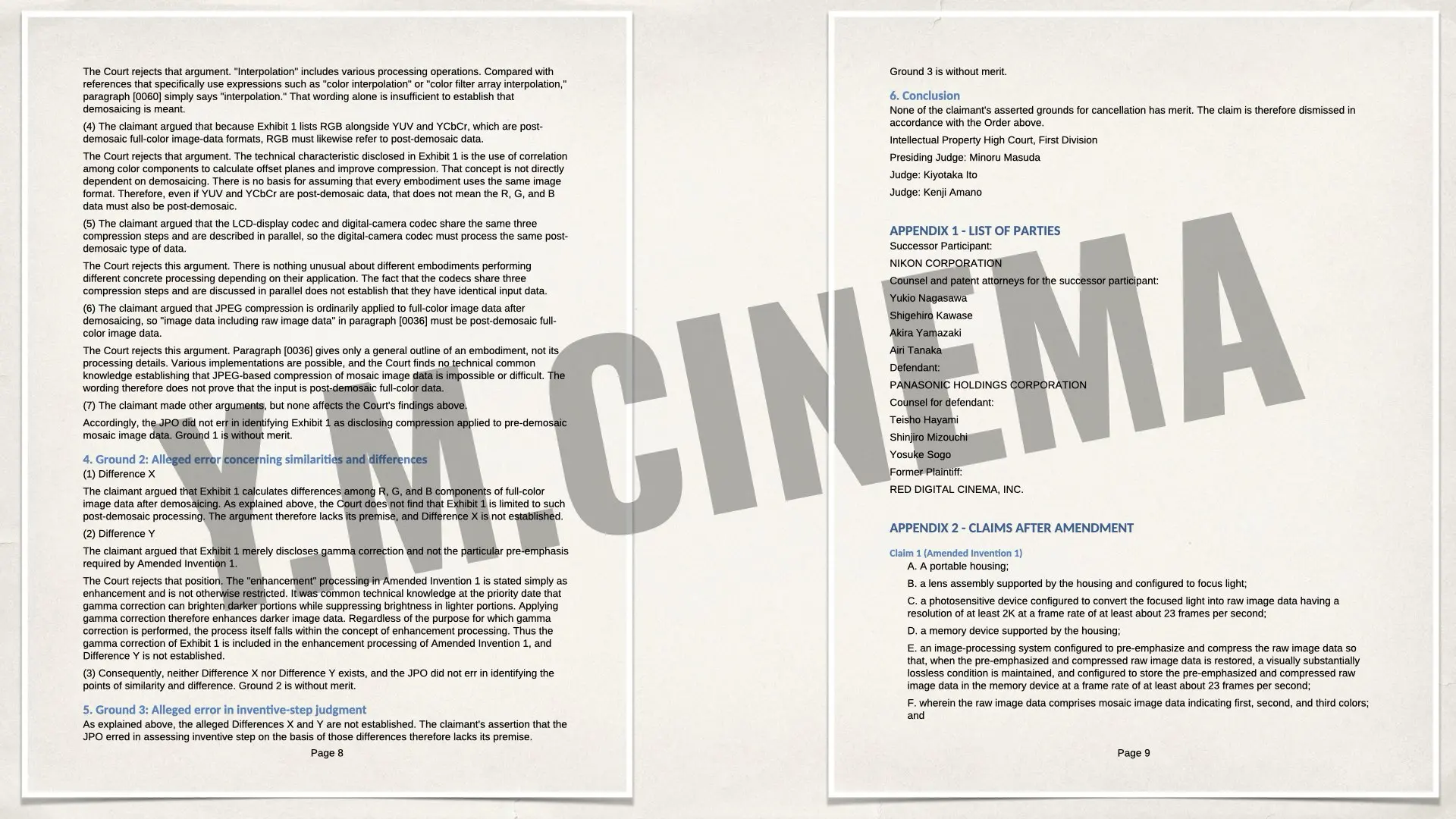 Unofficial English translation of the June 30, 2026 judgment by Japan’s Intellectual Property High Court upholding the invalidation of key claims in RED’s Japanese compressed RAW video patent.