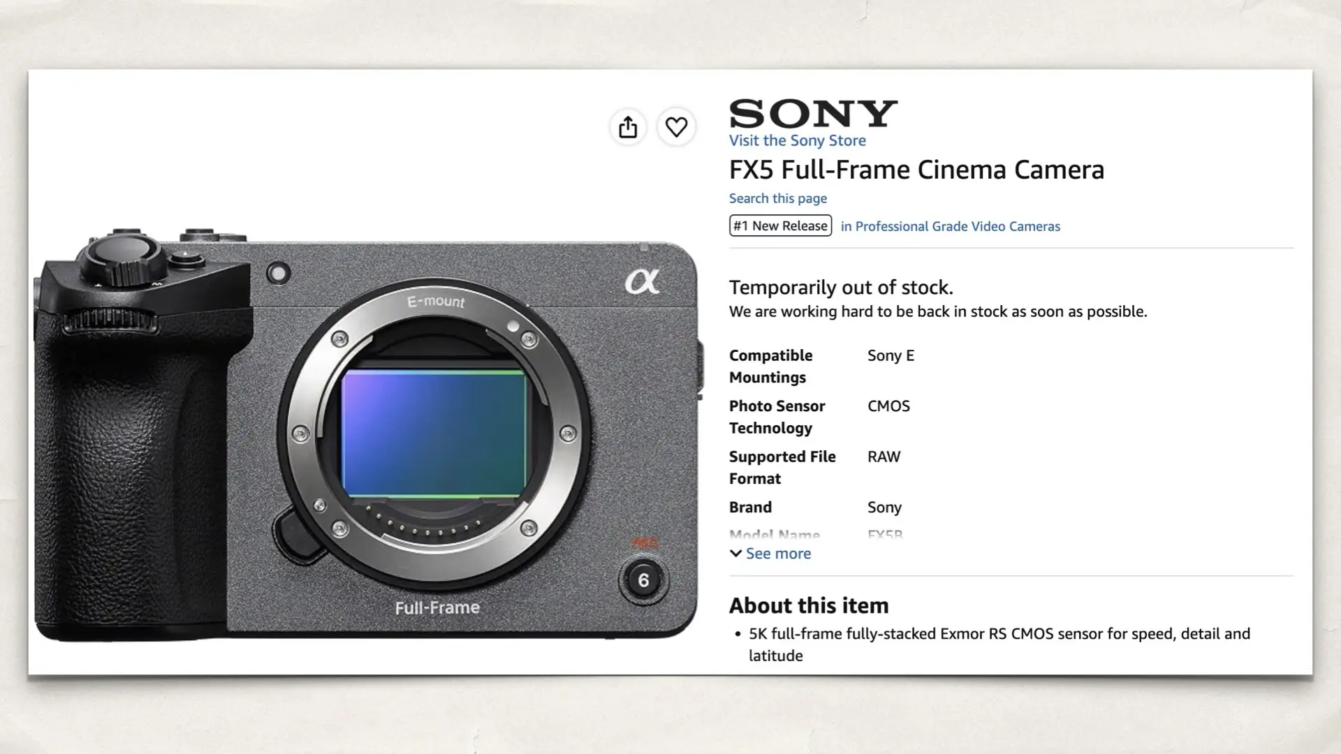 The FX5 Full-Frame Cinema Camera on Amazon
