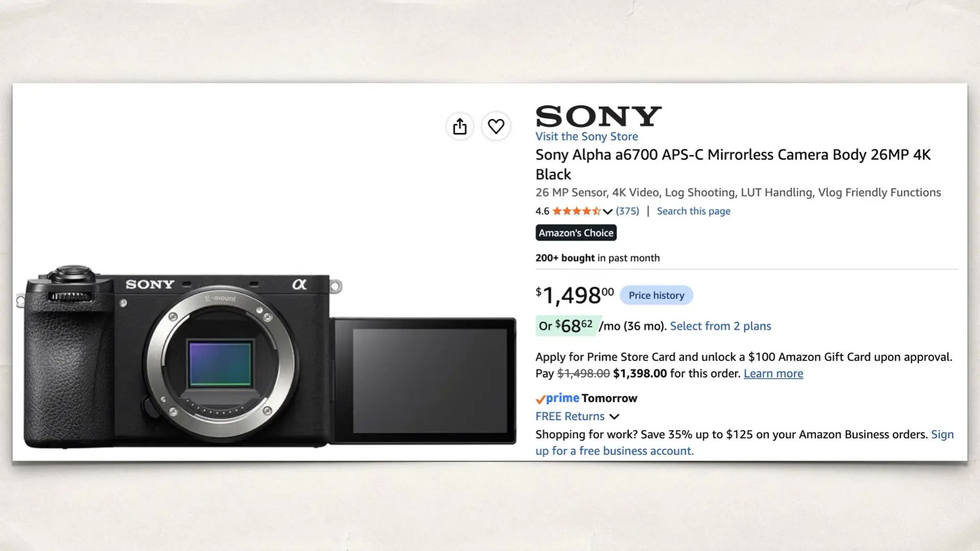 Sony Alpha a6700 on Amazon