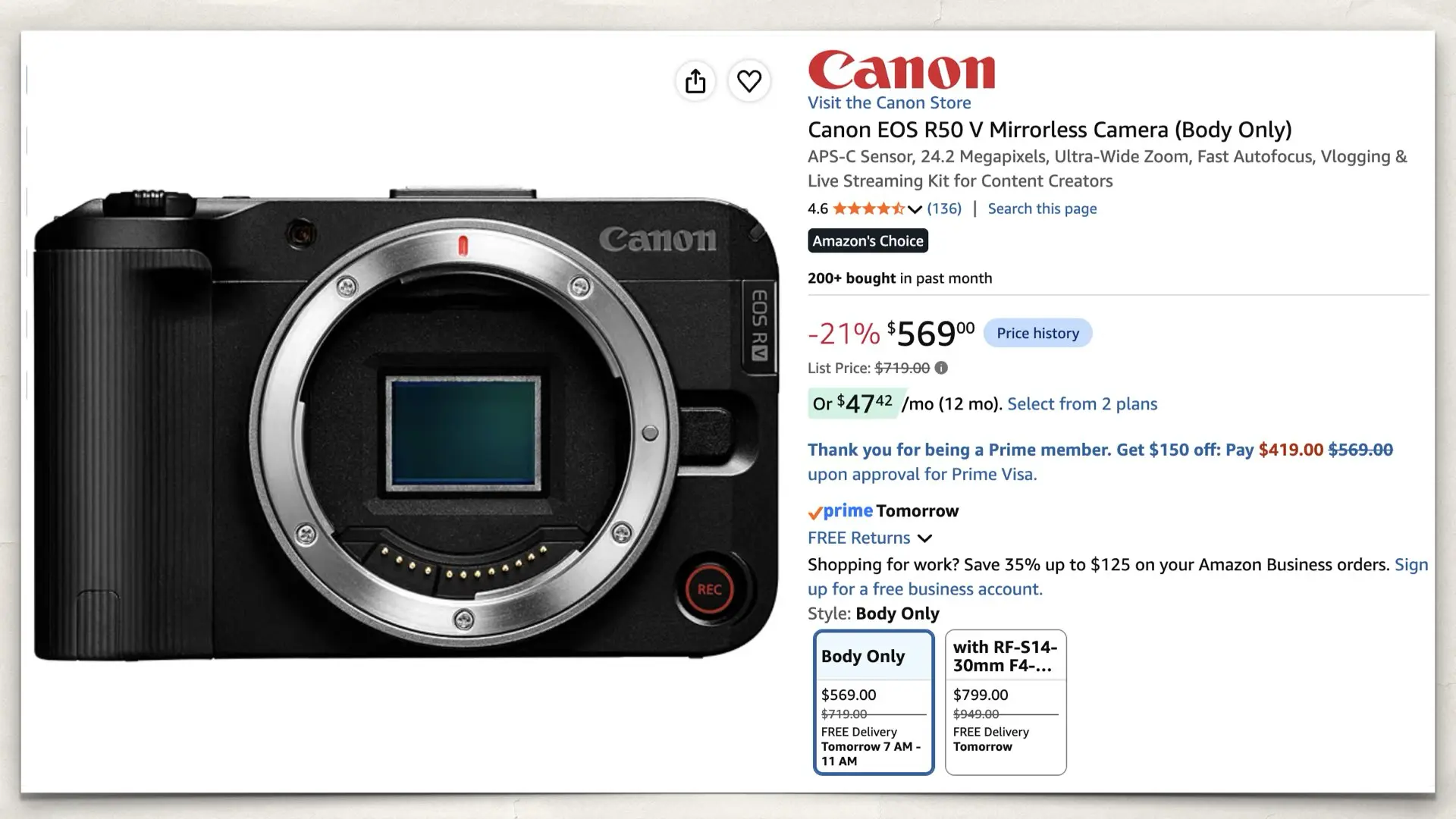 Canon EOS R50 V on Amazon